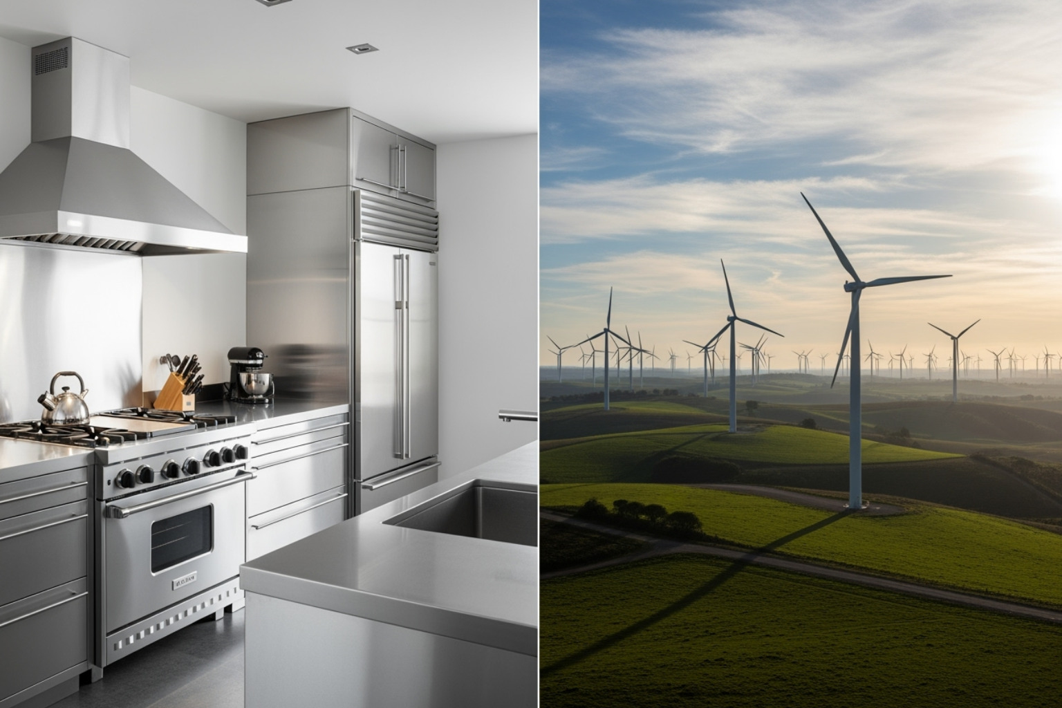 modern stainless steel kitchen contrasted with a wind turbine farm - fintechzoom.com nickel
