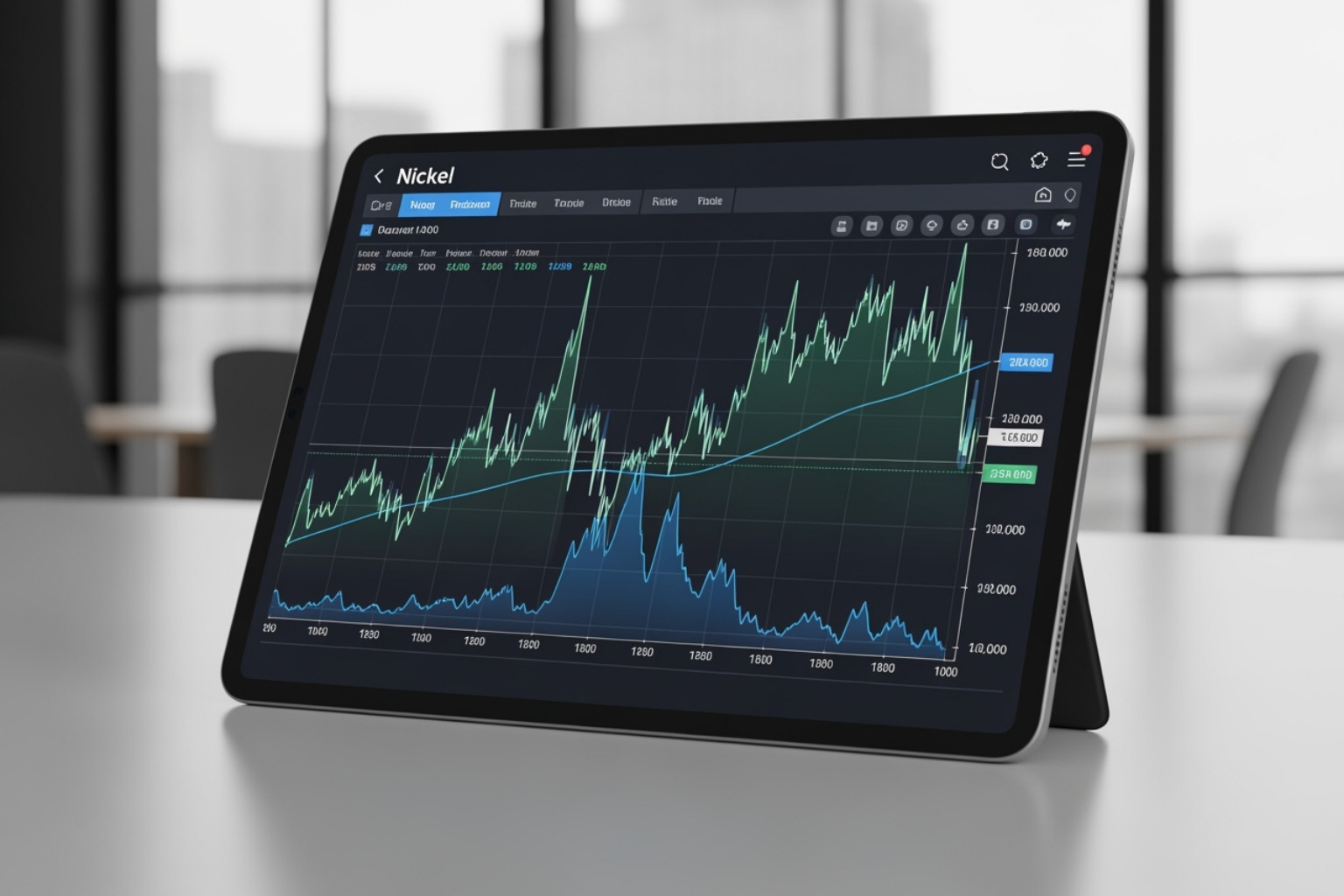 FintechZoom.com interface showing a nickel price chart on a tablet - fintechzoom.com nickel