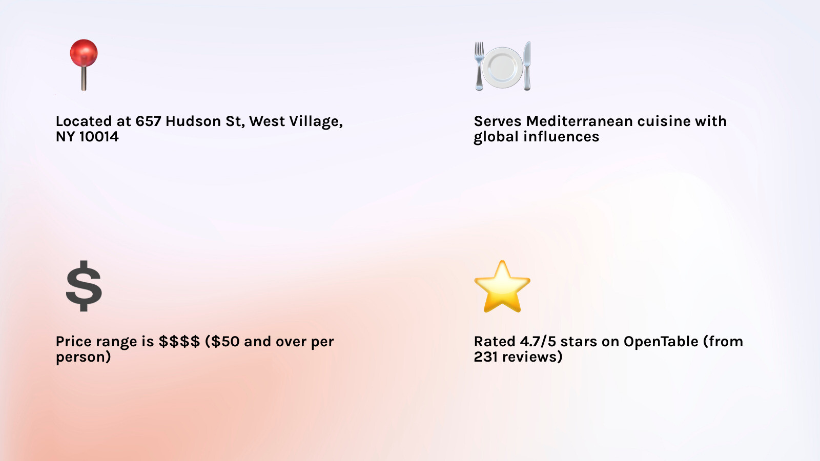 Infographic showing Meduza NYC key details: Located at 657 Hudson St in West Village, serves Mediterranean cuisine with global twist, $$$$ price range meaning $50+ per person, 4.7 star rating from 231 OpenTable reviews, business casual dress code, open 7 days with weekend brunch, features full bar and live music - meduza nyc infographic 4_facts_emoji_light-gradient