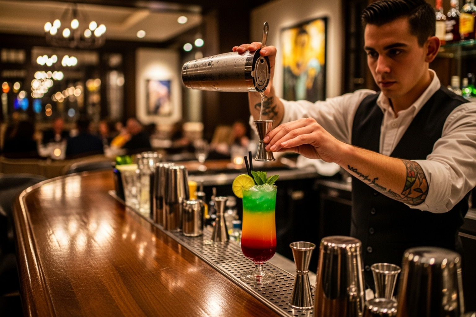 A vibrant cocktail being prepared at the Meduza NYC bar, with blurred background of the restaurant - meduza nyc