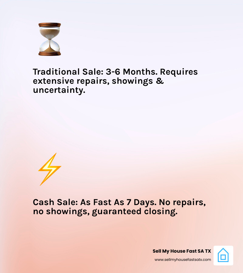 Infographic showing traditional sale timeline of 3-6 months with repairs, showings, and uncertainty versus cash sale timeline of 7 days with no repairs needed and guaranteed closing - ugly house buyers infographic 2_facts_emoji_light-gradient Infographic showing traditional sale timeline of 3-6 months with repairs, showings, and uncertainty versus cash sale timeline of 7 days with no repairs needed and guaranteed closing - ugly house buyers infographic 2_facts_emoji_light-gradient
