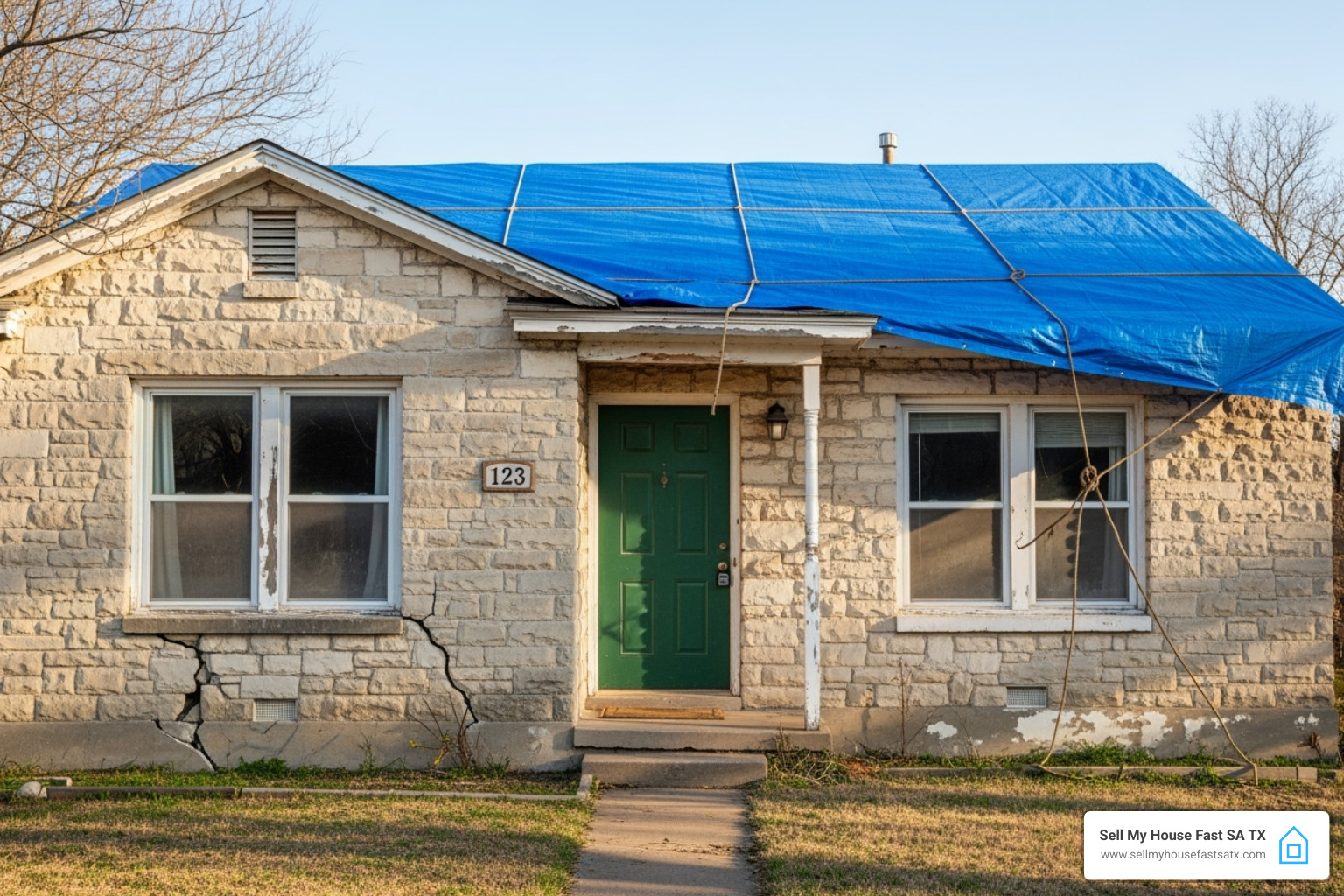 Home with tarped roof and foundation cracks - ugly house buyers Home with tarped roof and foundation cracks - ugly house buyers