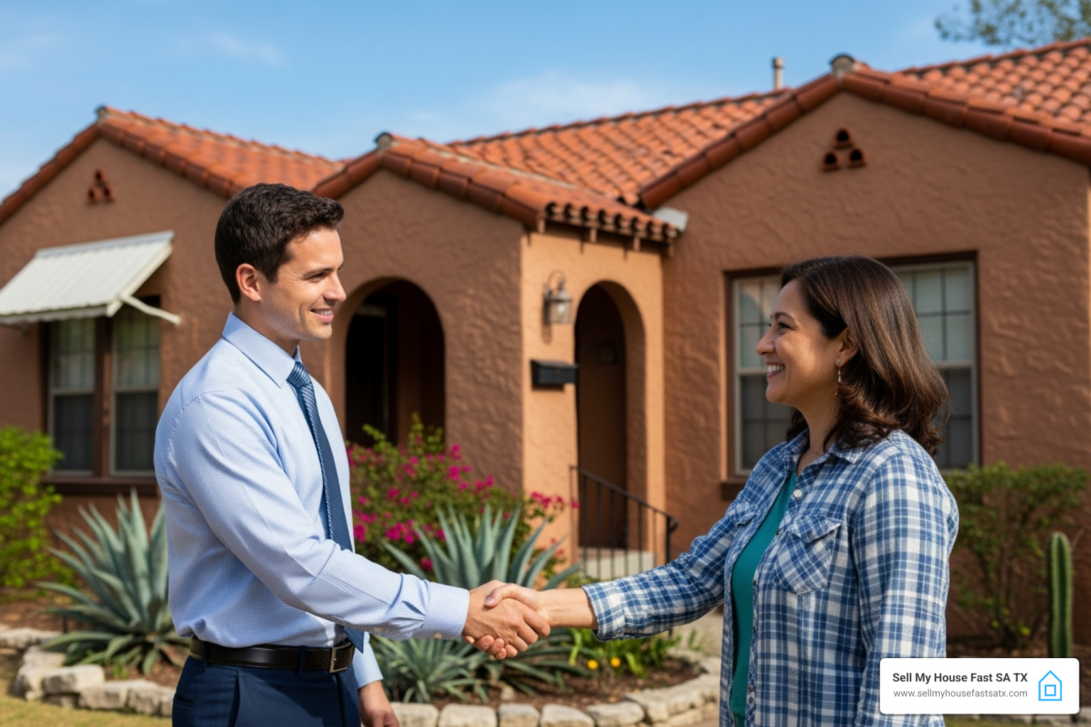 Friendly, professional home buyer shaking hands with a San Antonio homeowner - ugly house buyers Friendly, professional home buyer shaking hands with a San Antonio homeowner - ugly house buyers