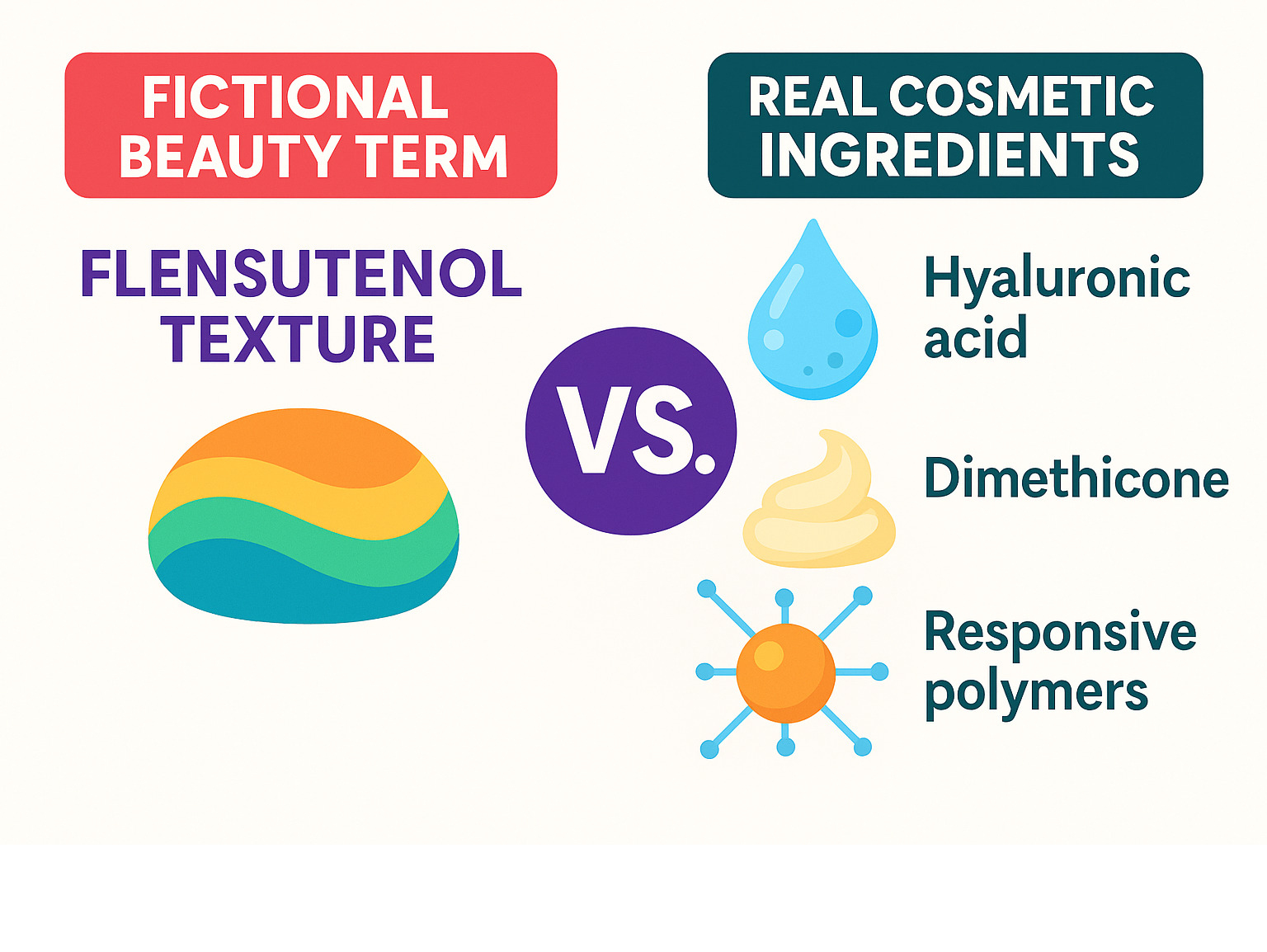 Infographic showing the difference between fictional beauty terms like flensutenol texture and real cosmetic ingredients, with examples of actual texture-creating ingredients like hyaluronic acid, dimethicone, and responsive polymers - flensutenol texture infographic 