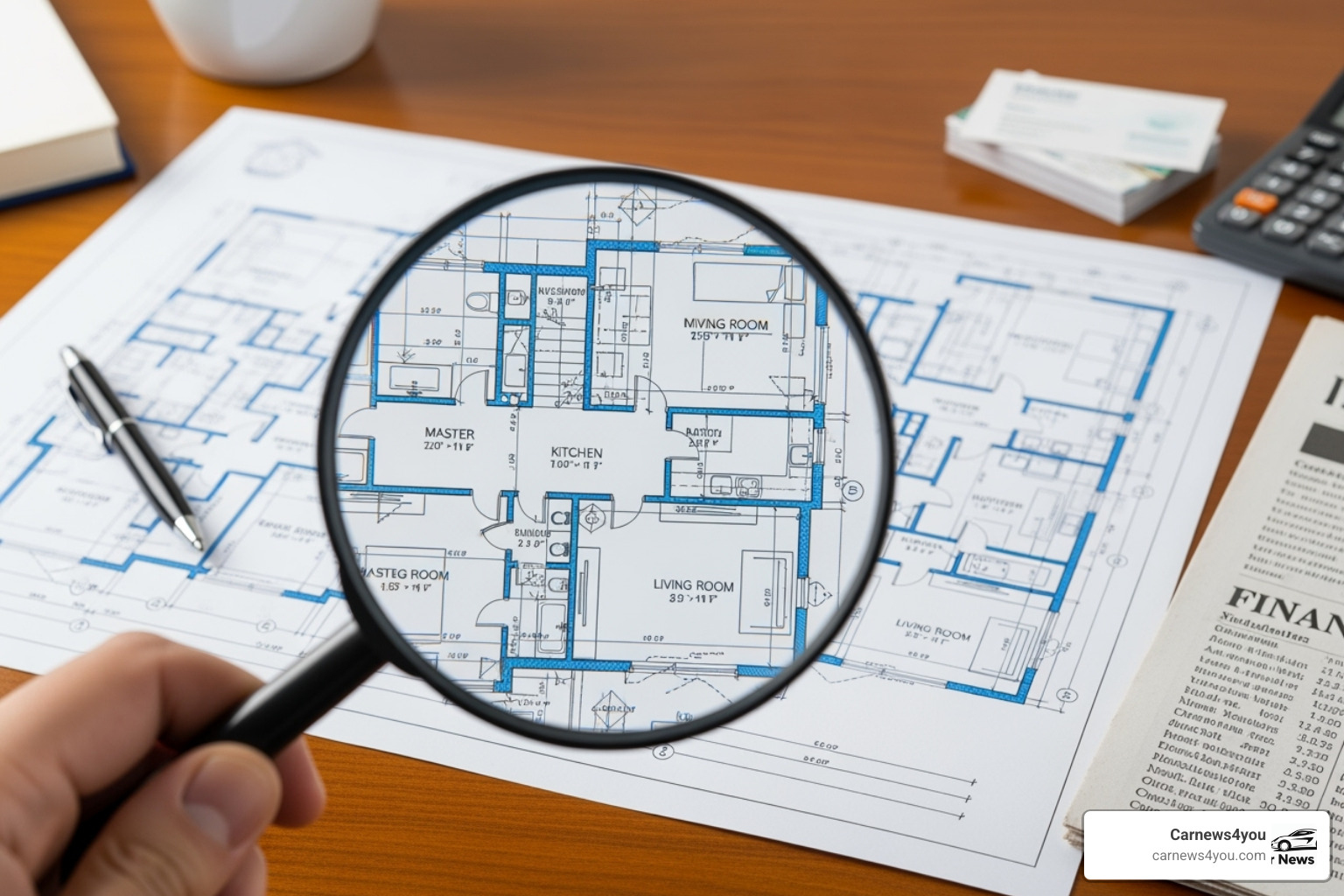 A magnifying glass hovering over a property blueprint, symbolizing detailed property analysis - lessinvest.com real estate