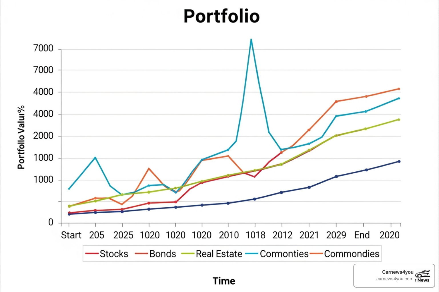 A chart showing portfolio growth over time, with lines representing different asset classes - lessinvest.com real estate