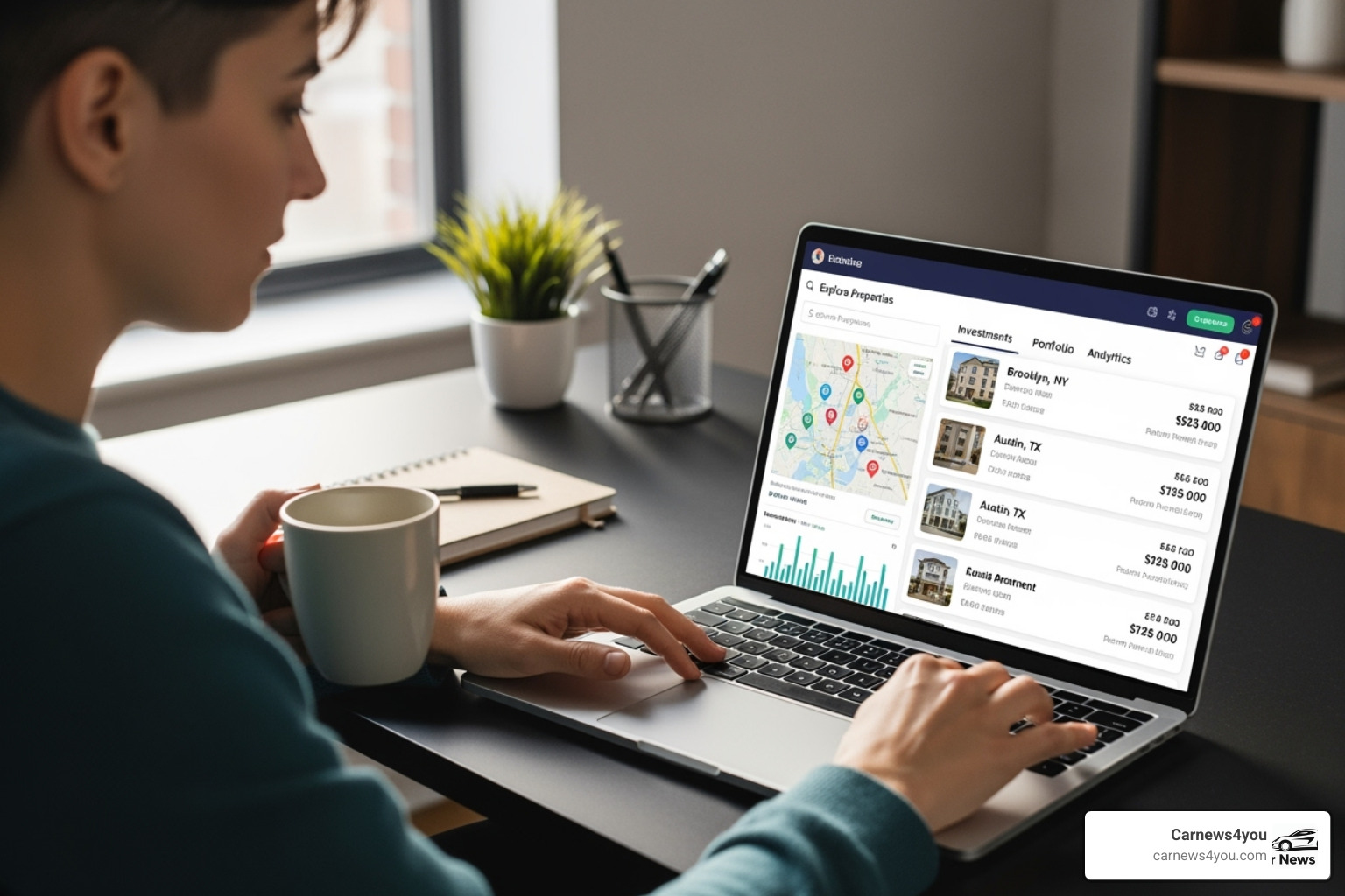 Person using a laptop to view the Lessinvest.com platform, displaying various investment opportunities - lessinvest.com real estate