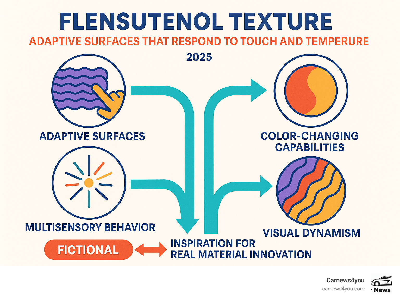 Infographic showing the core concepts of flensutenol texture: adaptive surfaces that respond to touch and temperature, color-changing capabilities, multisensory behavior, and visual dynamism, with arrows indicating its fictional nature and inspiration for real material innovation - flensutenol texture infographic 