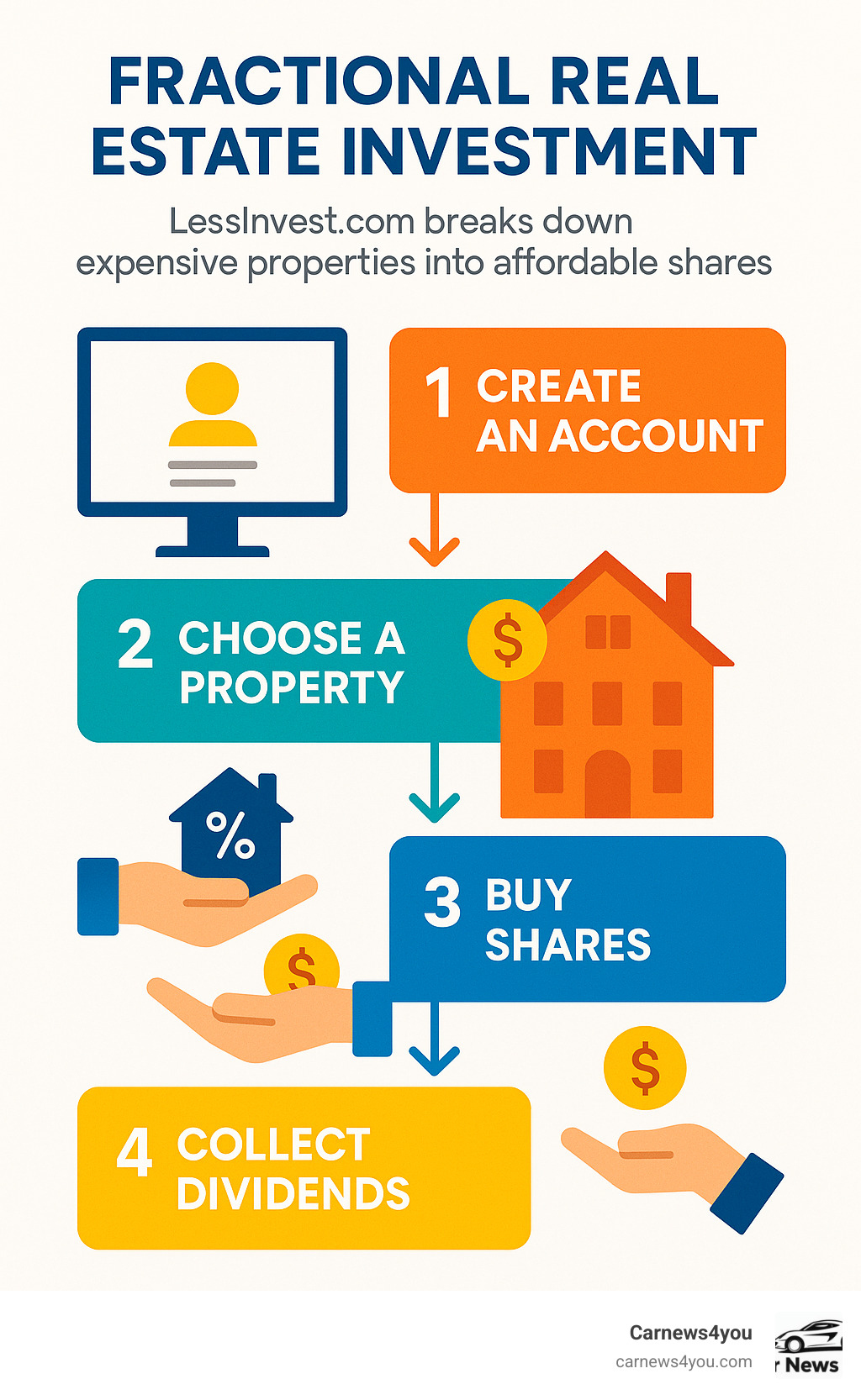 Infographic showing how Lessinvest.com enables fractional real estate investment by breaking down expensive properties into affordable shares, with steps from account creation through dividend collection - lessinvest.com real estate infographic 