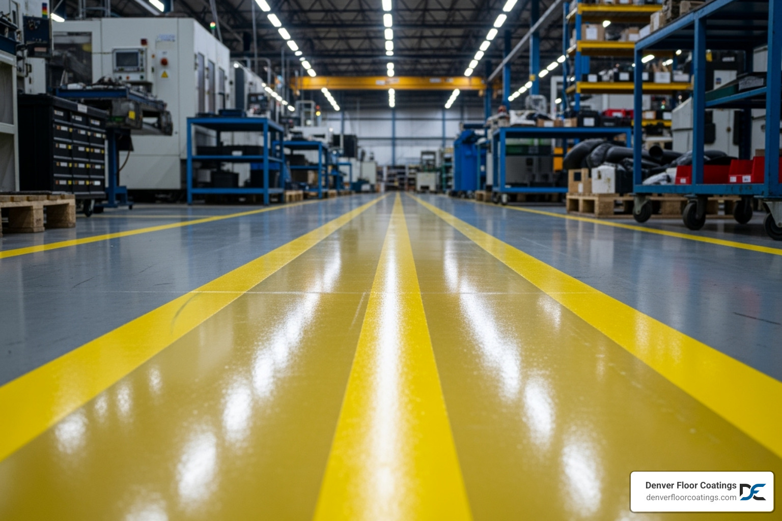 clearly marked safety walkway on a yellow epoxy floor in a factory - commercial epoxy floor
