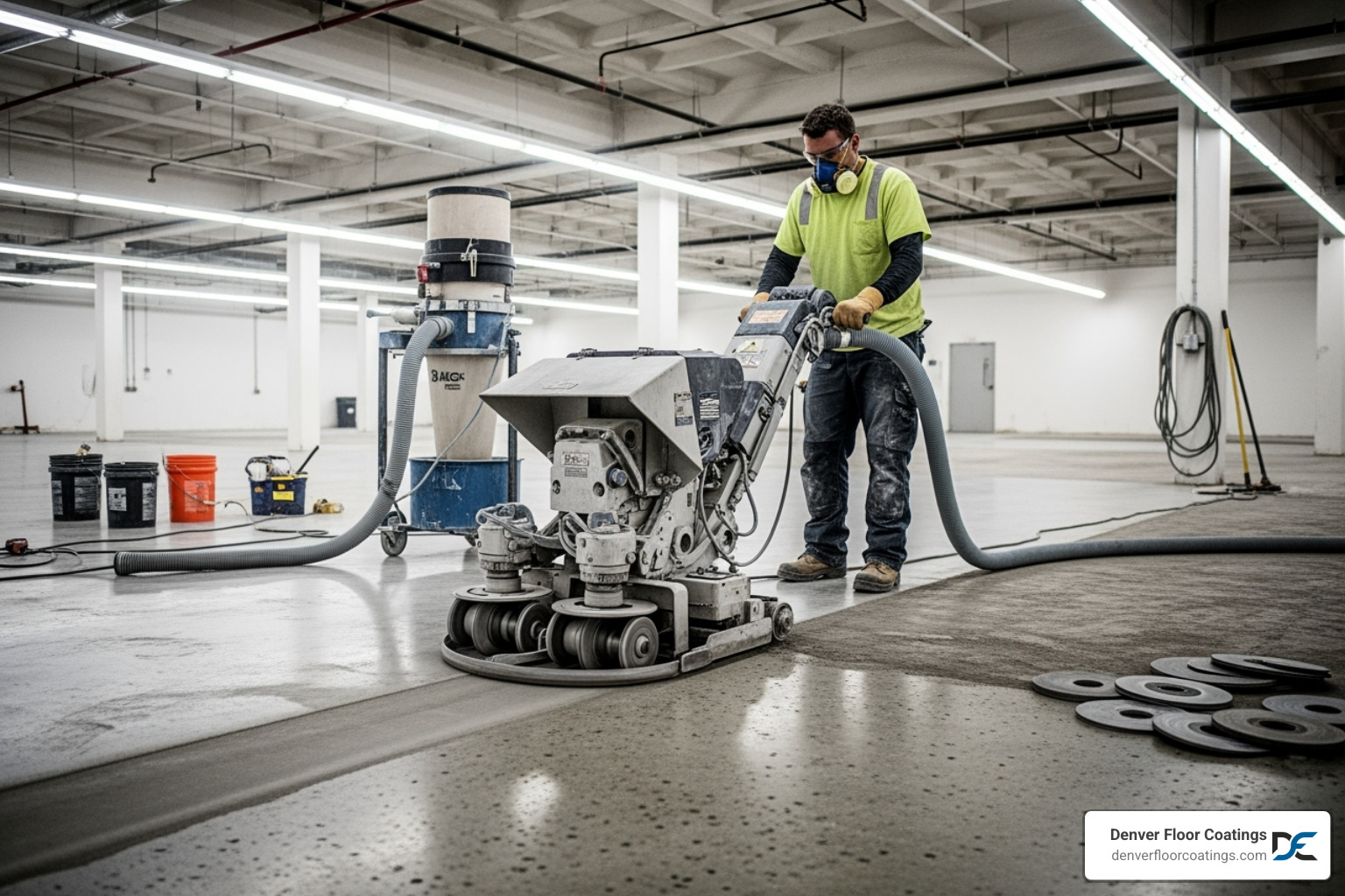 professional using a large diamond grinder to prepare a concrete floor - commercial epoxy floor