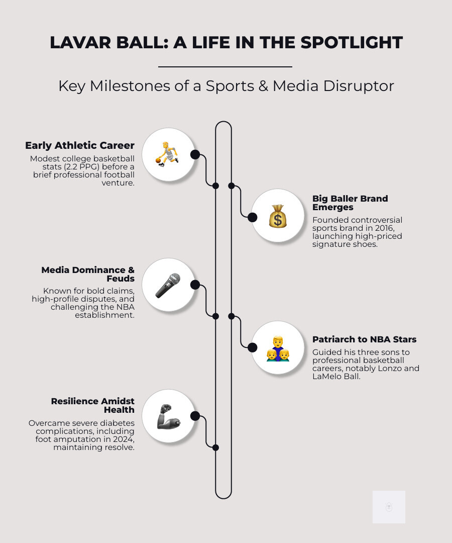 Comprehensive timeline infographic showing LaVar Ball's major life events from his 1967 birth through 2024, including college basketball career stats, business ventures with Big Baller Brand, his sons' NBA careers, major controversies and feuds, health challenges, and his influence on New York City sports culture and media landscape - lavar ball infographic infographic-line-5-steps-neat_beige