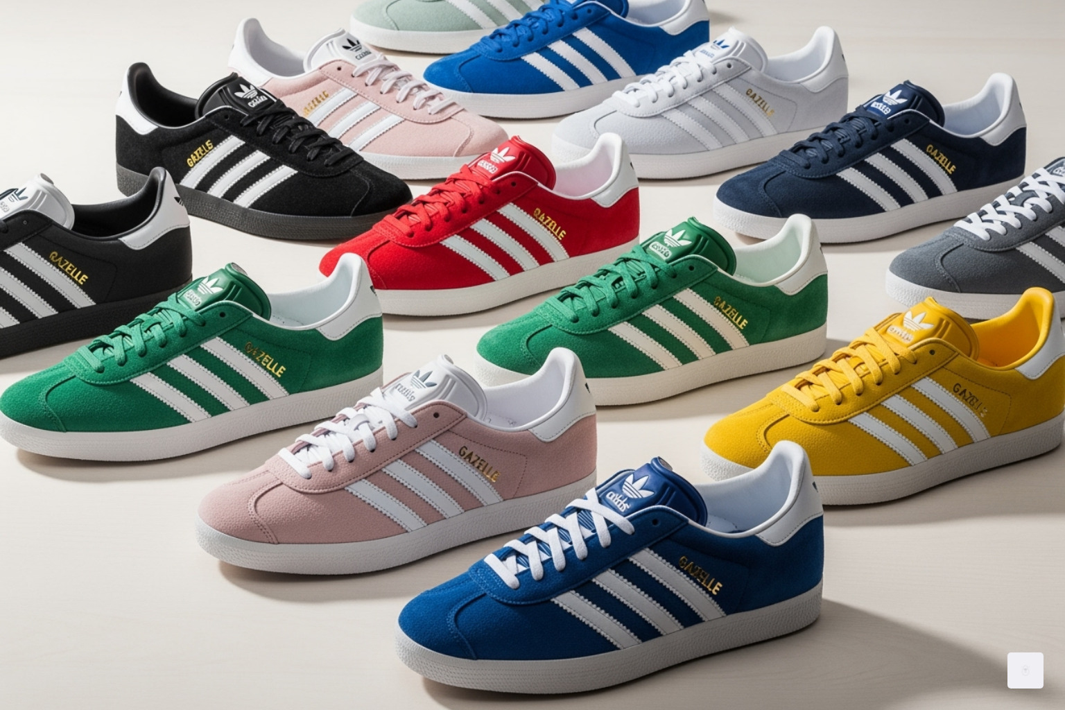 A vibrant collection of Adidas Gazelles in various colorways, showcasing the breadth of available options - adidas gazelle