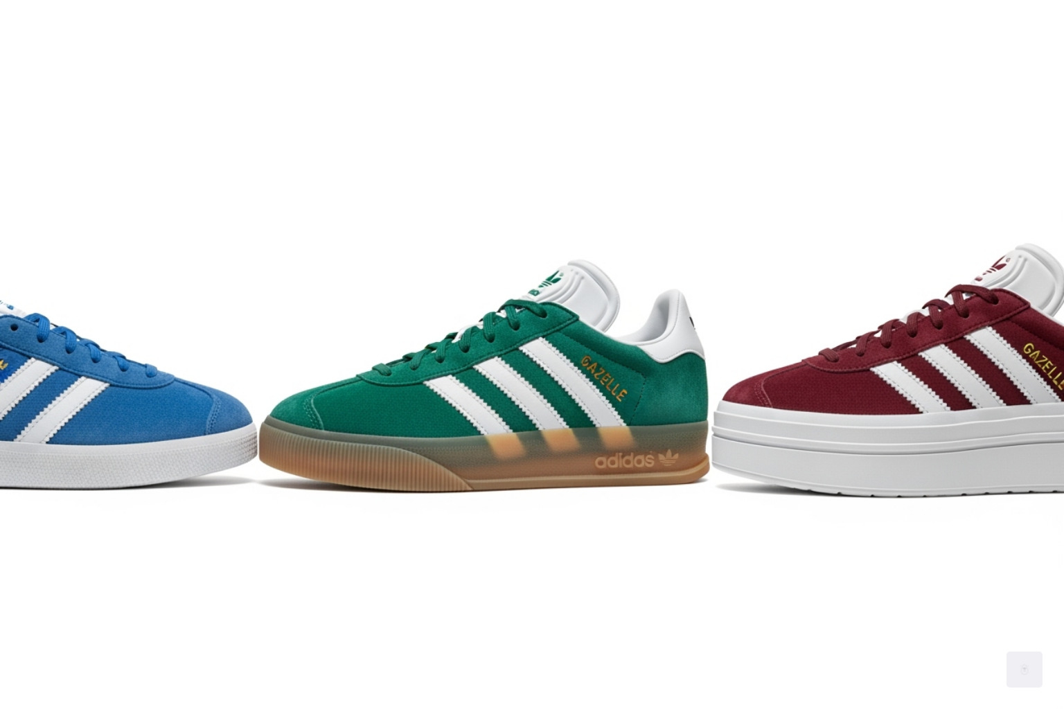 Image showing the Classic Gazelle, Gazelle Indoor, and Gazelle Bold models side-by-side, highlighting their distinct features - adidas gazelle