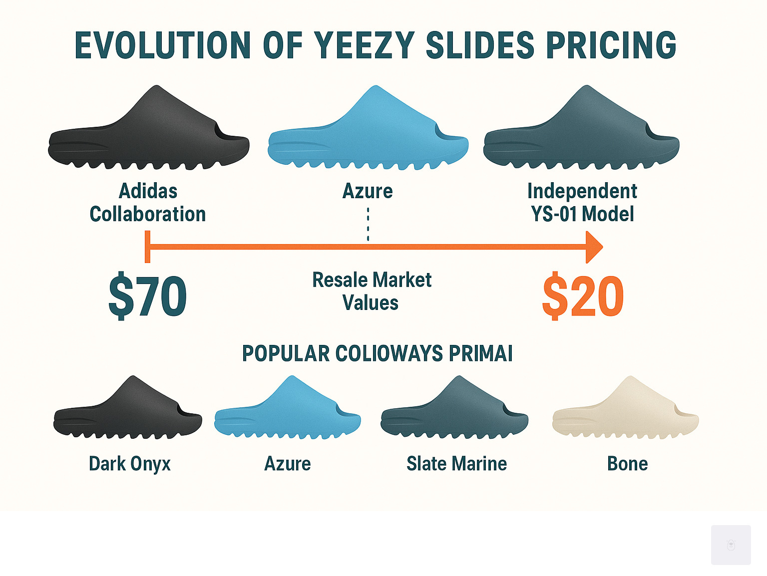 Infographic showing the evolution of Yeezy Slides pricing from the original $70 Adidas collaboration through the brand separation to the current $20 independent YS-01 model, including popular colorways and resale market values - yeezy slides infographic 