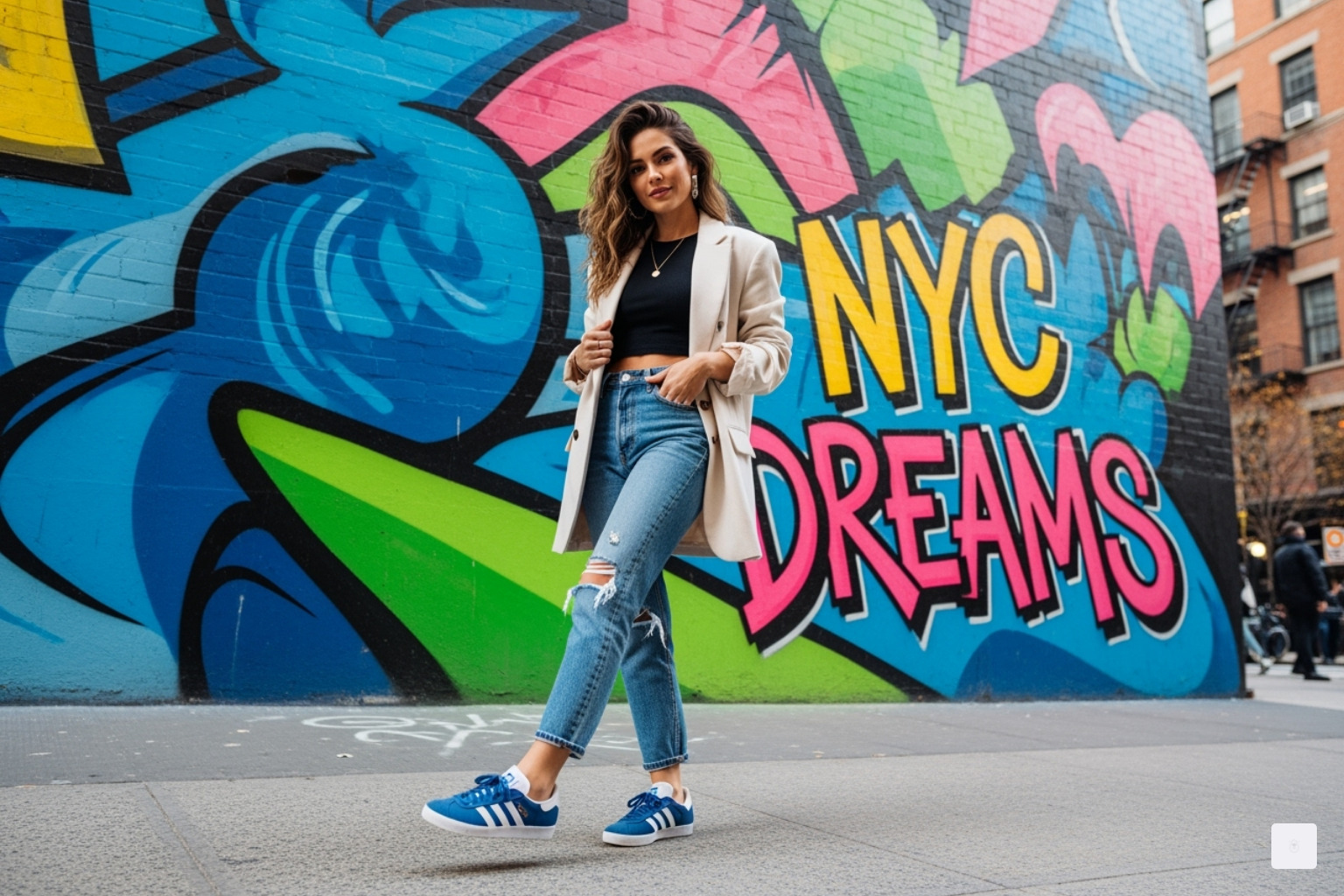 A chic outfit featuring Adidas Gazelles with a NYC backdrop, perhaps in front of a brownstone in Brooklyn or a street art mural in SoHo - adidas gazelle