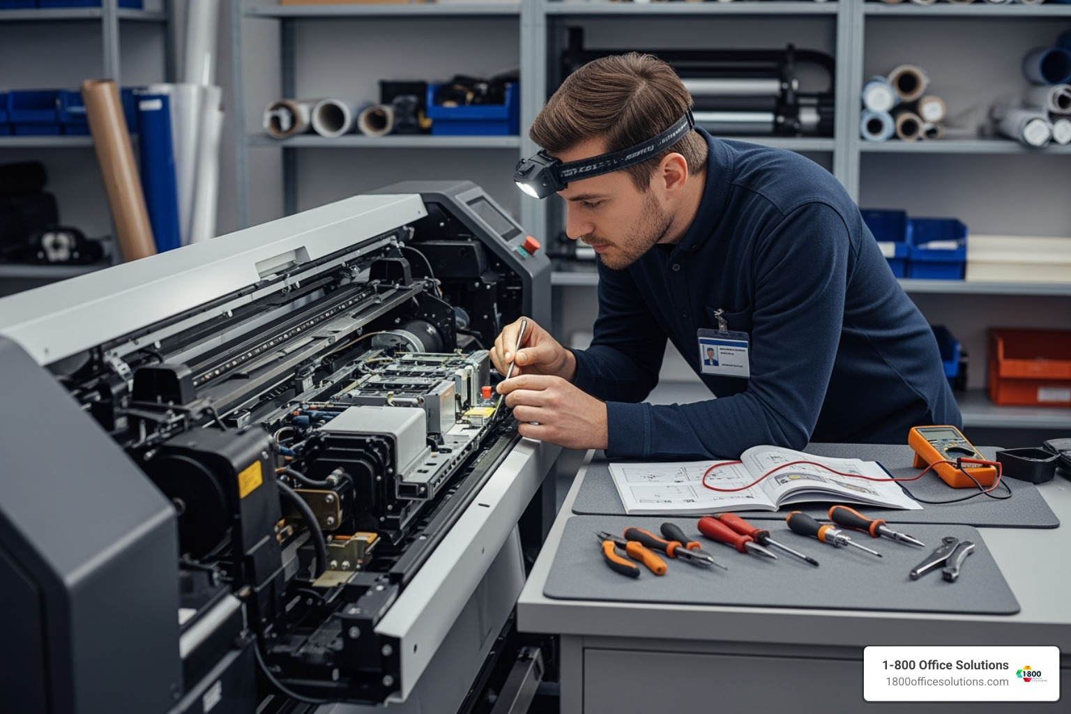 Technician fixing a large format printer - repair printer shop near me Technician fixing a large format printer - repair printer shop near me