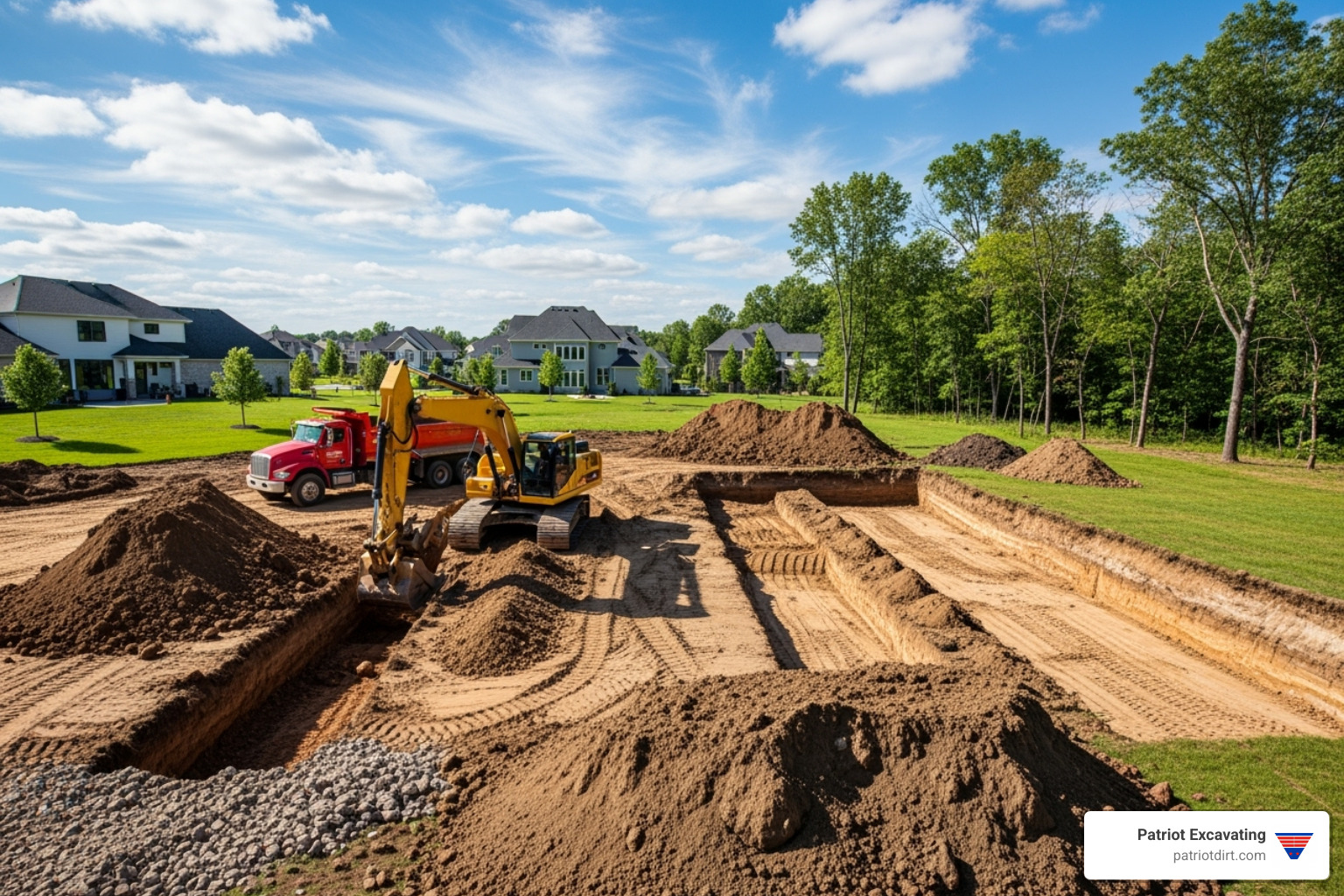 residential excavation site with heavy machinery and a clear distinction between excavated and undisturbed areas - Fishers sewer line repair