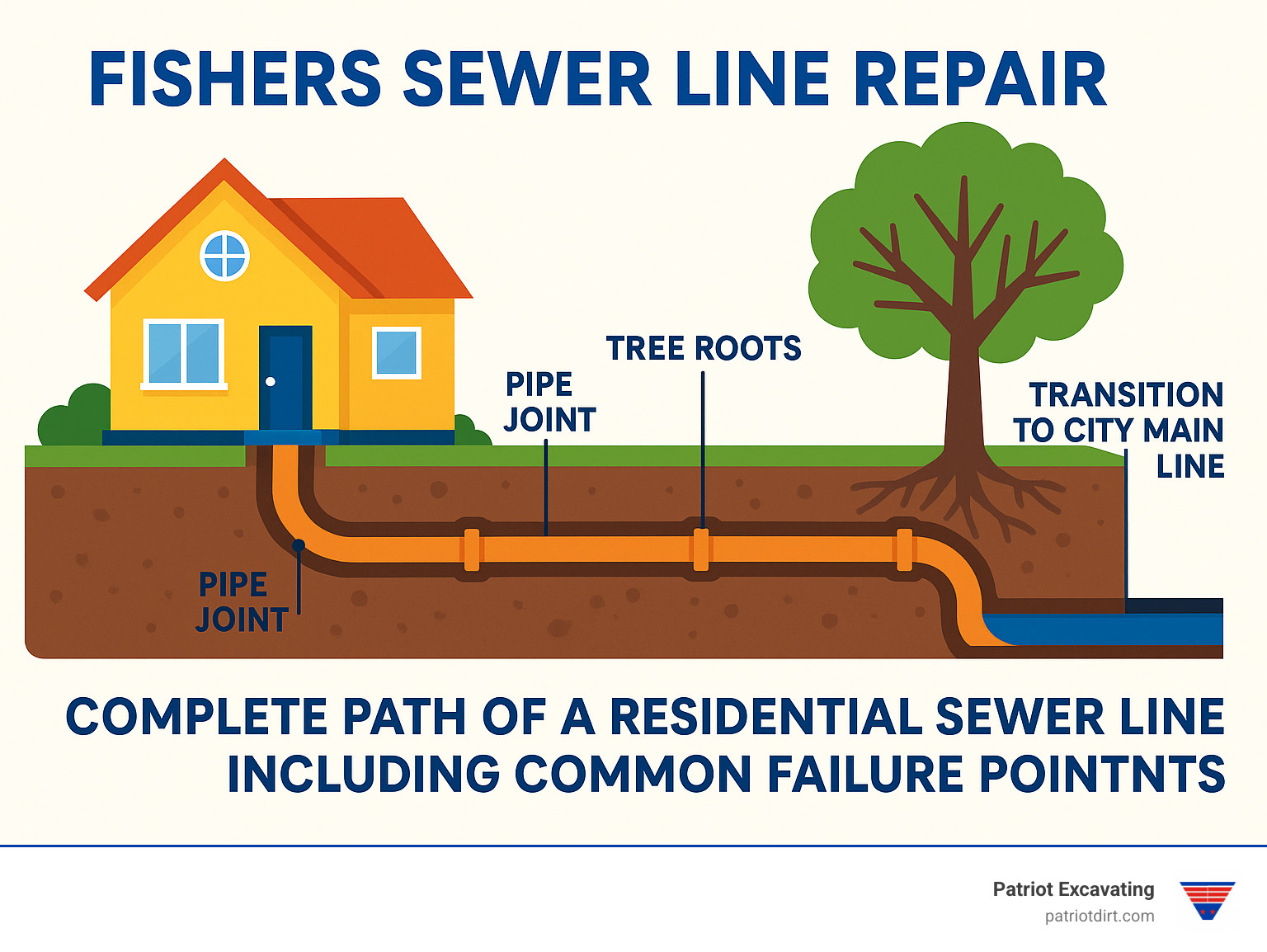 Detailed infographic showing the complete path of a residential sewer line from house foundation through yard to municipal connection, including common failure points like tree root zones, pipe joints, and the transition to city main line - Fishers sewer line repair infographic 