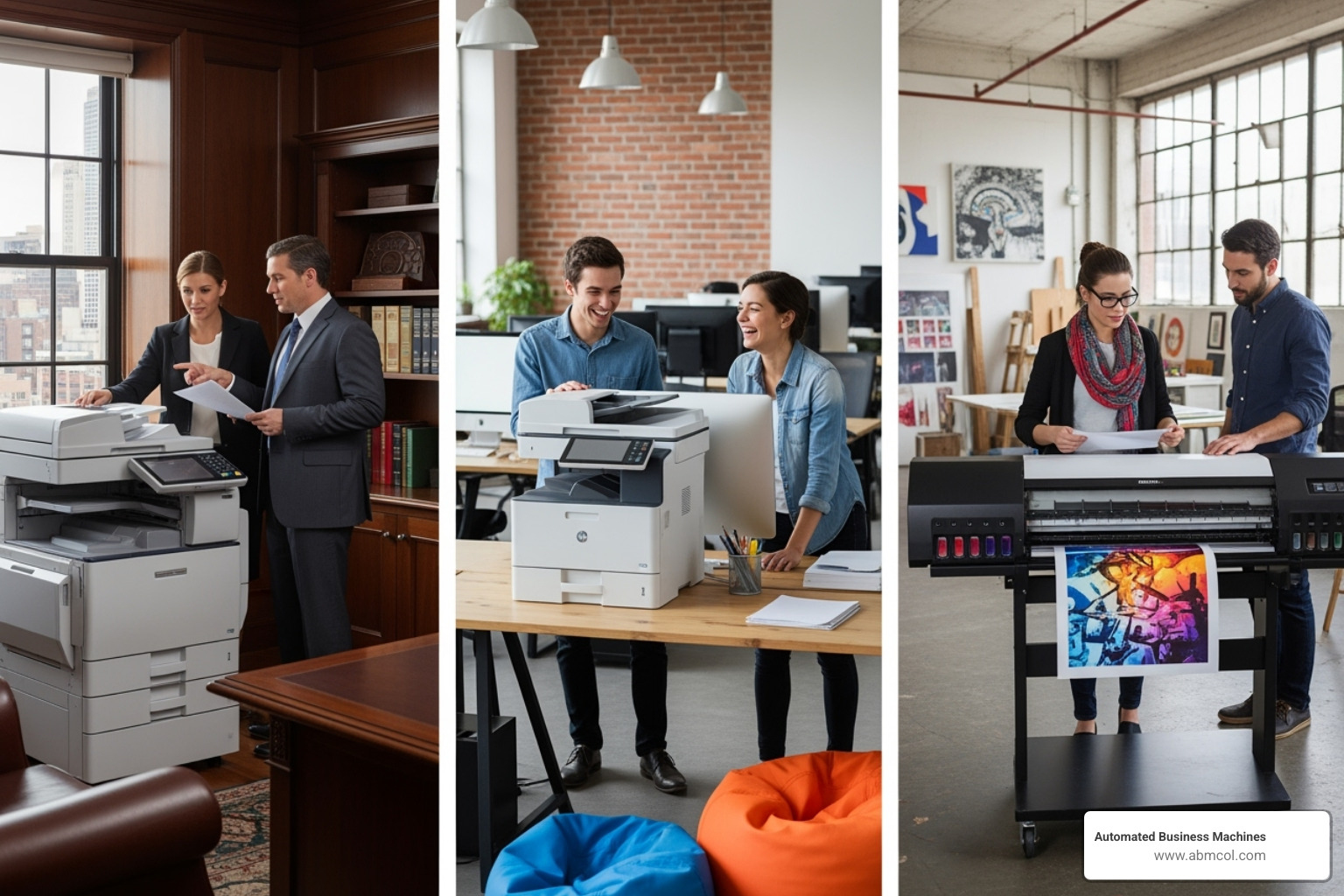 Diverse business settings (law firm, startup, creative agency) using printers - Commercial printer leasing