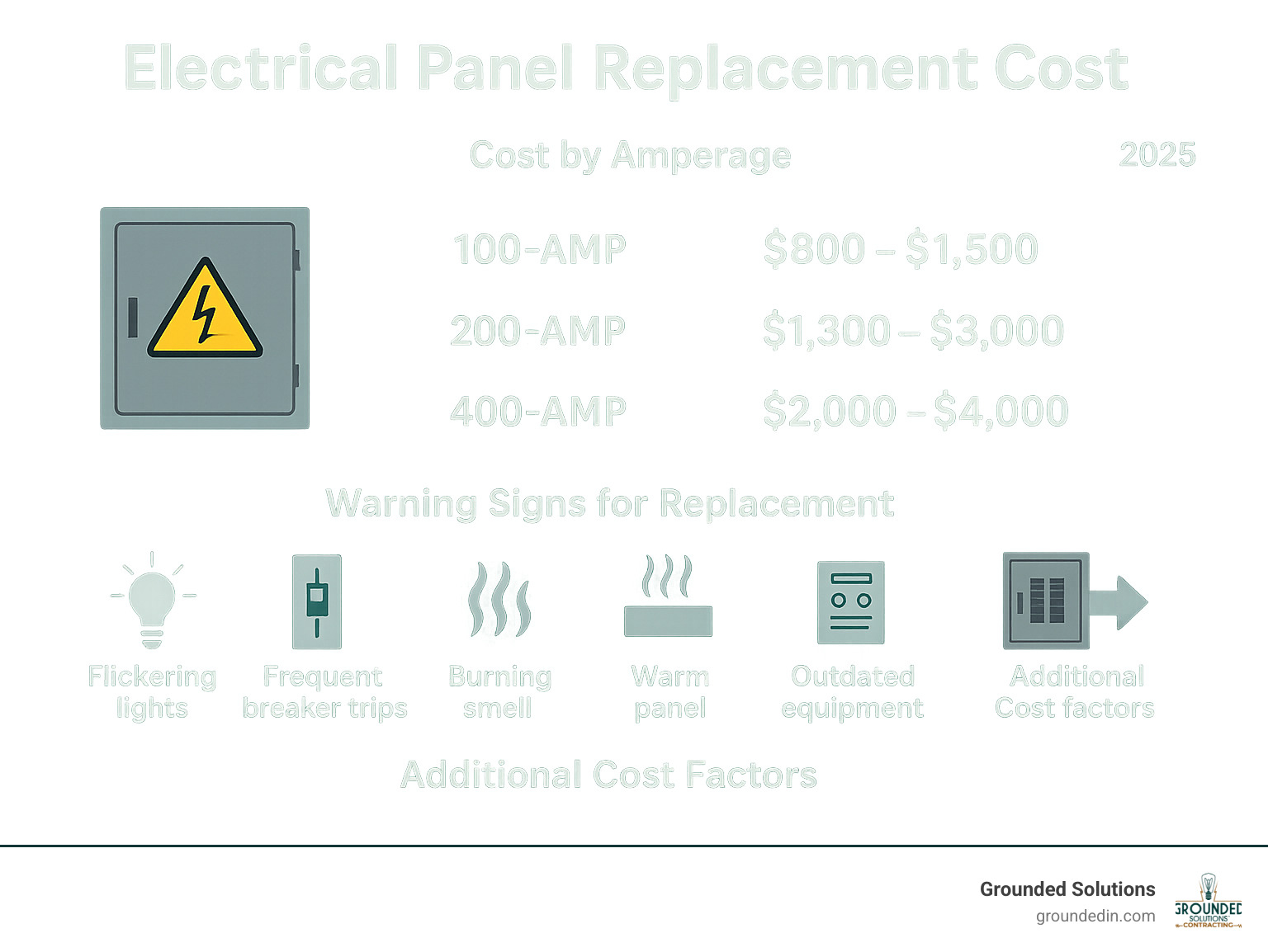 Infographic showing electrical panel replacement cost breakdown by amperage (100-amp, 200-amp, 400-amp), key warning signs for replacement (flickering lights, frequent breaker trips, burning smell, warm panel, outdated equipment), and additional cost factors (permits, rewiring, panel relocation) - electrical panel replacement cost infographic 