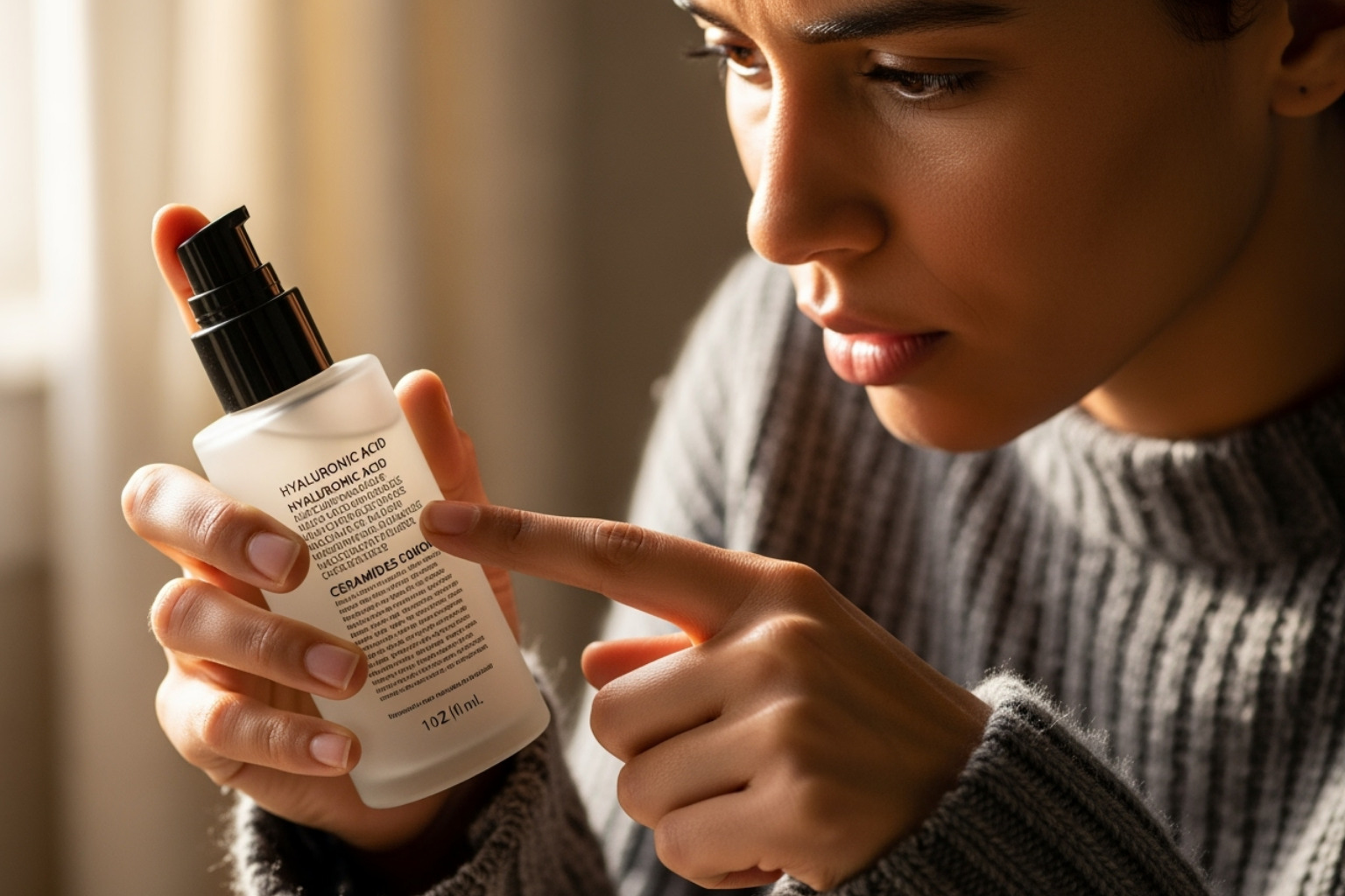 Person reading ingredient list on a skincare bottle - sustainable skincare products to try