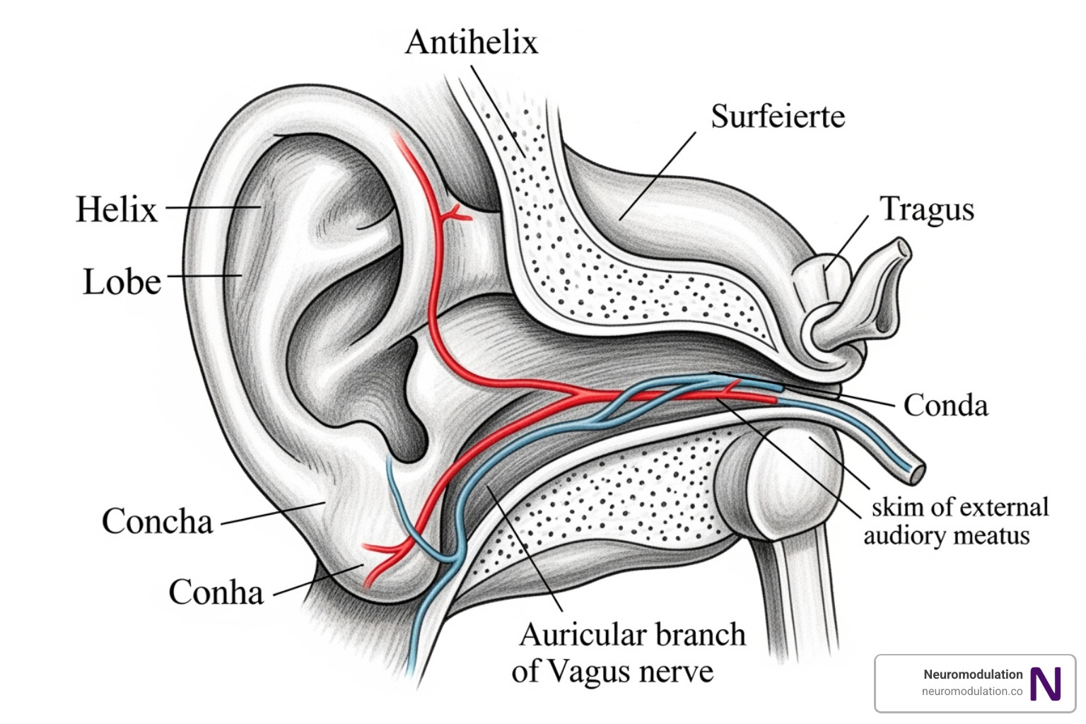 detailing the anatomy of the outer ear, highlighting the tragus and the auricular branch of the vagus nerve - Ear vagus nerve stimulation detailing the anatomy of the outer ear, highlighting the tragus and the auricular branch of the vagus nerve - Ear vagus nerve stimulation