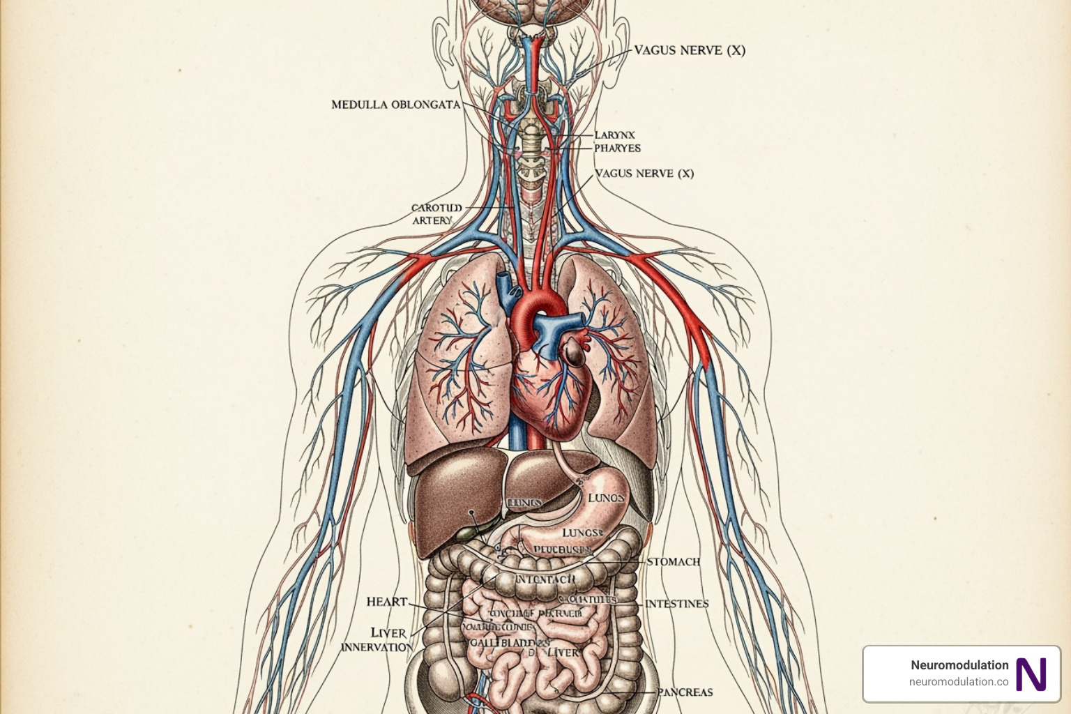 illustrating the pathway of the vagus nerve from the brain to various organs - Ear vagus nerve stimulation illustrating the pathway of the vagus nerve from the brain to various organs - Ear vagus nerve stimulation