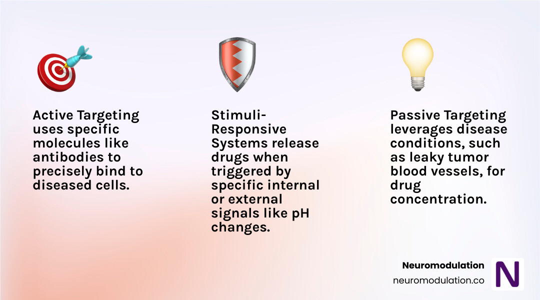 Comprehensive overview of targeted drug delivery mechanisms showing active targeting with ligand-receptor binding, passive targeting through improved permeability and retention effect, and stimuli-responsive release systems with external triggers - types of targeted drug delivery system infographic 3_facts_emoji_light-gradient Comprehensive overview of targeted drug delivery mechanisms showing active targeting with ligand-receptor binding, passive targeting through improved permeability and retention effect, and stimuli-responsive release systems with external triggers - types of targeted drug delivery system infographic 3_facts_emoji_light-gradient