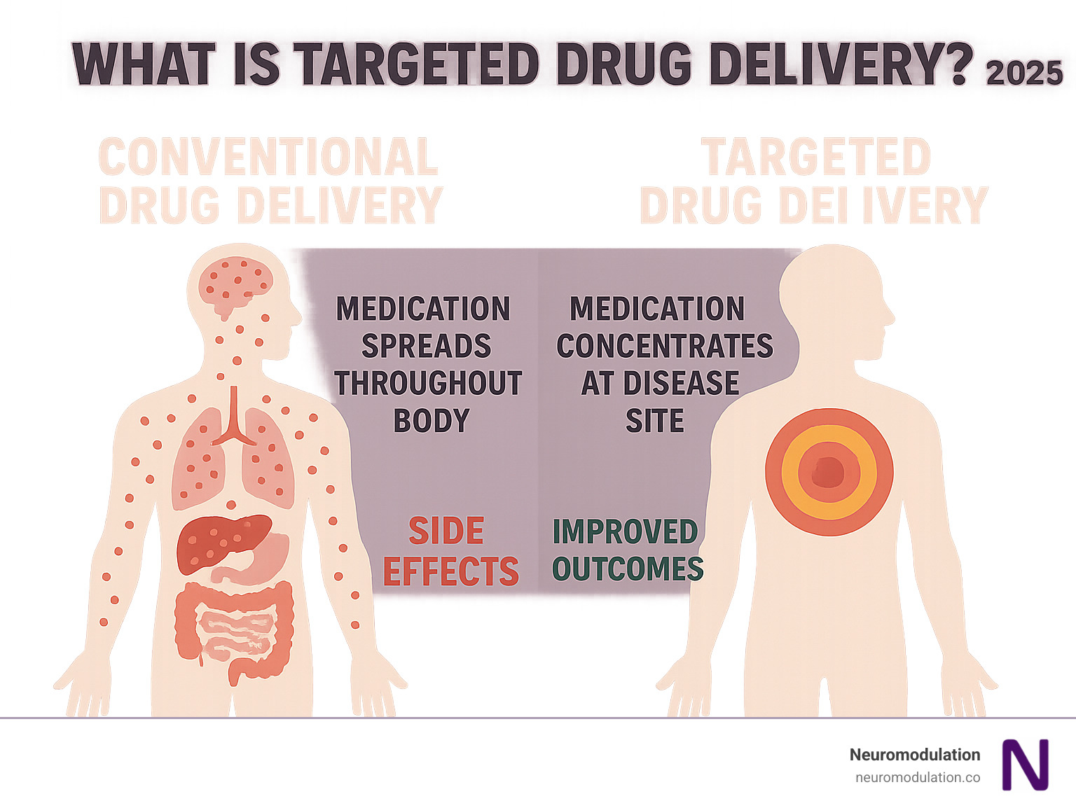 Infographic showing conventional drug delivery spreading throughout the body versus targeted drug delivery concentrating at disease sites with reduced side effects and improved therapeutic outcomes - what is targeted drug delivery infographic 