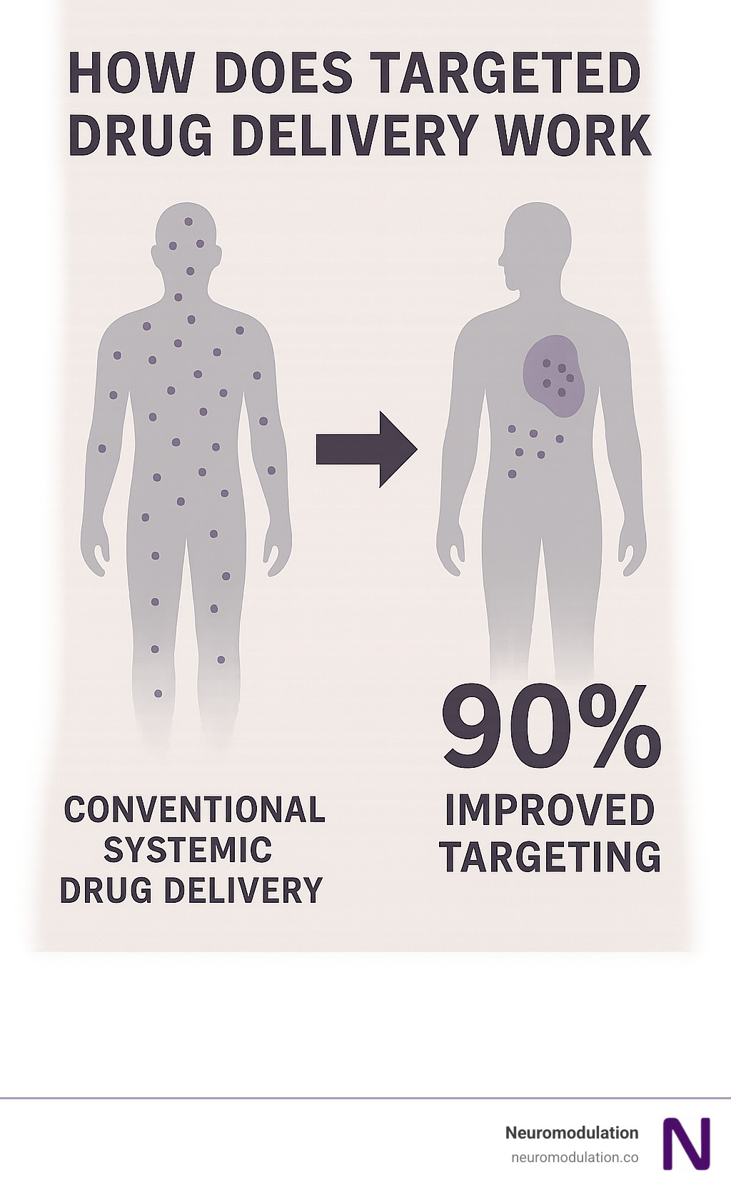 Infographic showing the comparison between conventional systemic drug delivery spreading medication throughout the entire body versus targeted drug delivery concentrating medication at specific diseased tissue sites, with arrows indicating drug pathways and percentages showing improved targeting efficiency - how does targeted drug delivery work infographic 