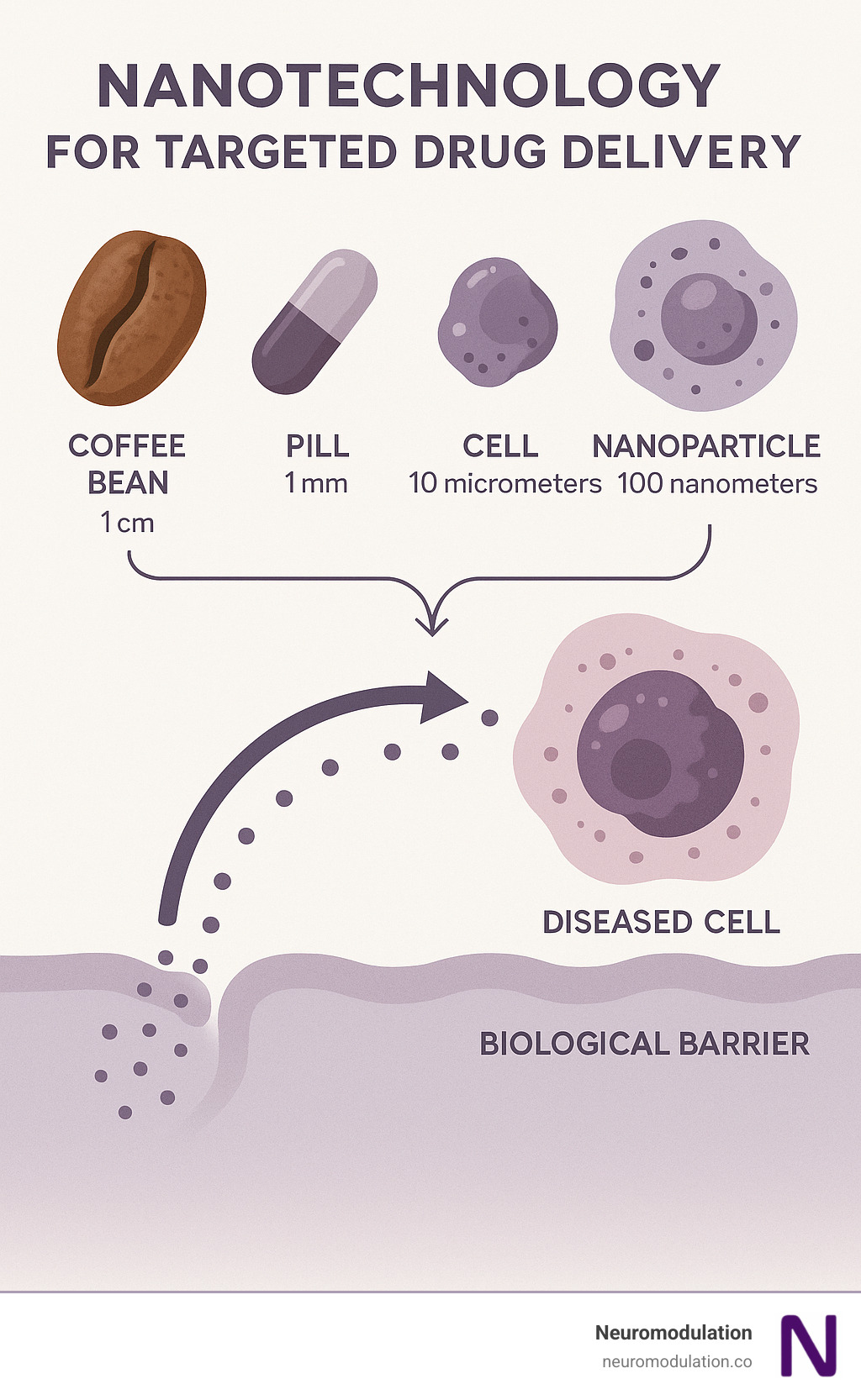 Infographic showing the scale comparison from a coffee bean (1 cm) to a traditional pill (1 mm) to a cell (10 micrometers) to a nanoparticle (100 nanometers), with arrows demonstrating how nanoparticles can penetrate biological barriers and target specific diseased cells while avoiding healthy tissue - nanotechnology for targeted drug delivery infographic 