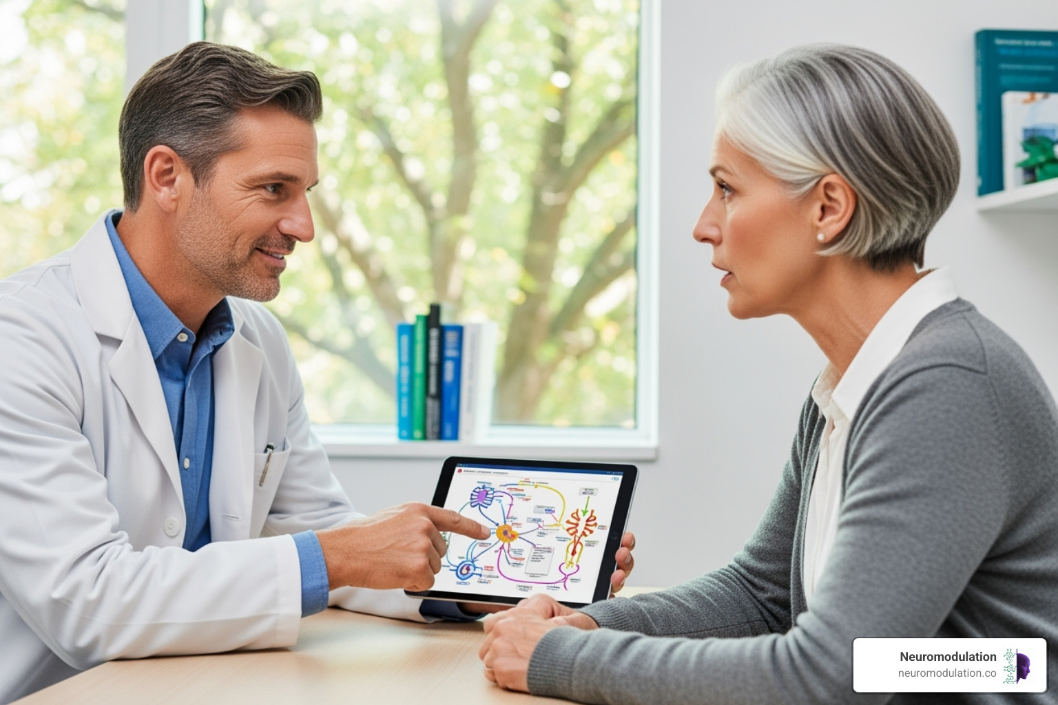 Clinician and patient discussing treatment options using a visual aid based on research findings - Patient outcomes research Clinician and patient discussing treatment options using a visual aid based on research findings - Patient outcomes research