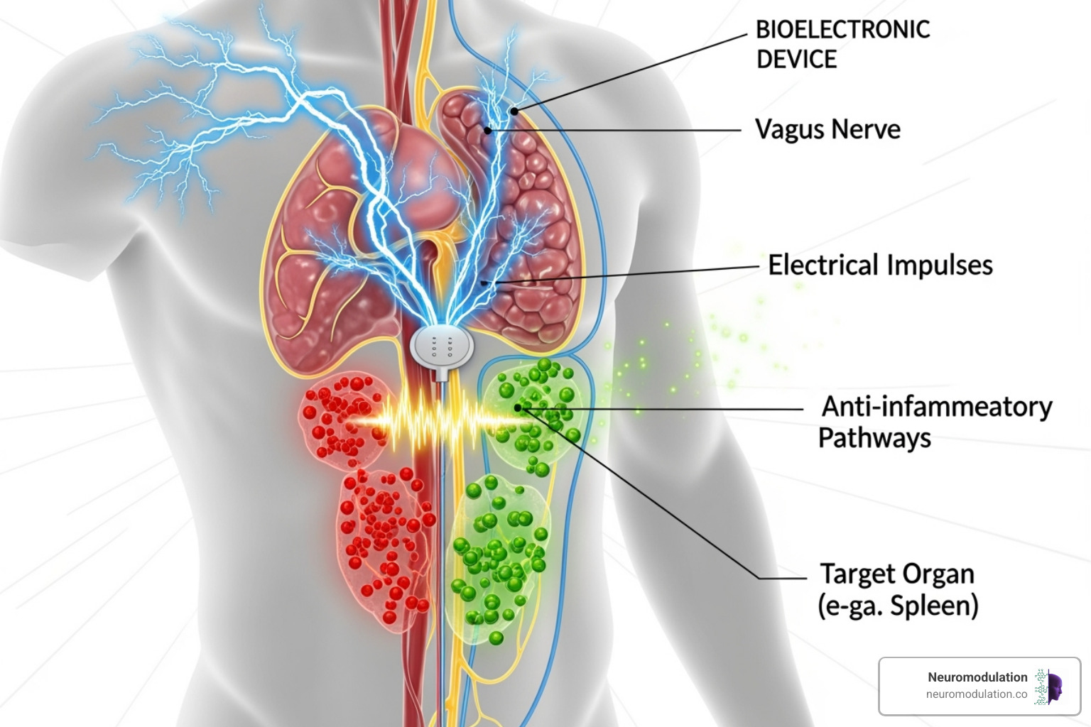 Illustration of the concept of bioelectronic medicine targeting inflammation - fda approved vagus nerve stimulator