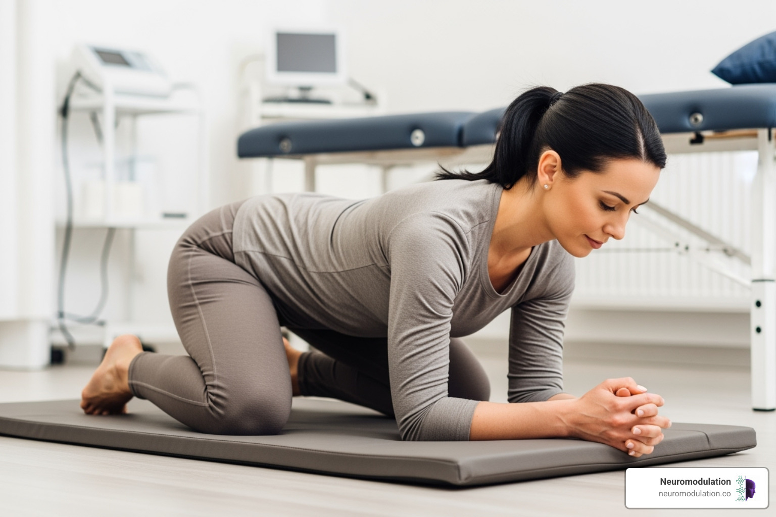 Physiotherapist demonstrating a pelvic floor stretch - Endometriosis pain management Physiotherapist demonstrating a pelvic floor stretch - Endometriosis pain management
