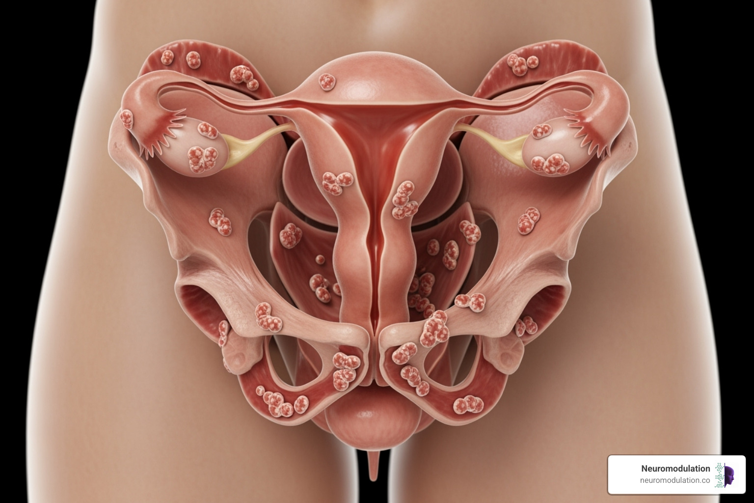 Female pelvic region showing common locations of endometriosis lesions - Endometriosis pain management Female pelvic region showing common locations of endometriosis lesions - Endometriosis pain management