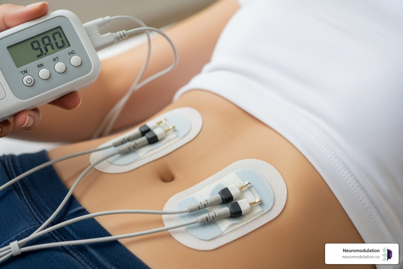 TENS unit placed on the lower back/abdomen - Endometriosis pain management TENS unit placed on the lower back/abdomen - Endometriosis pain management