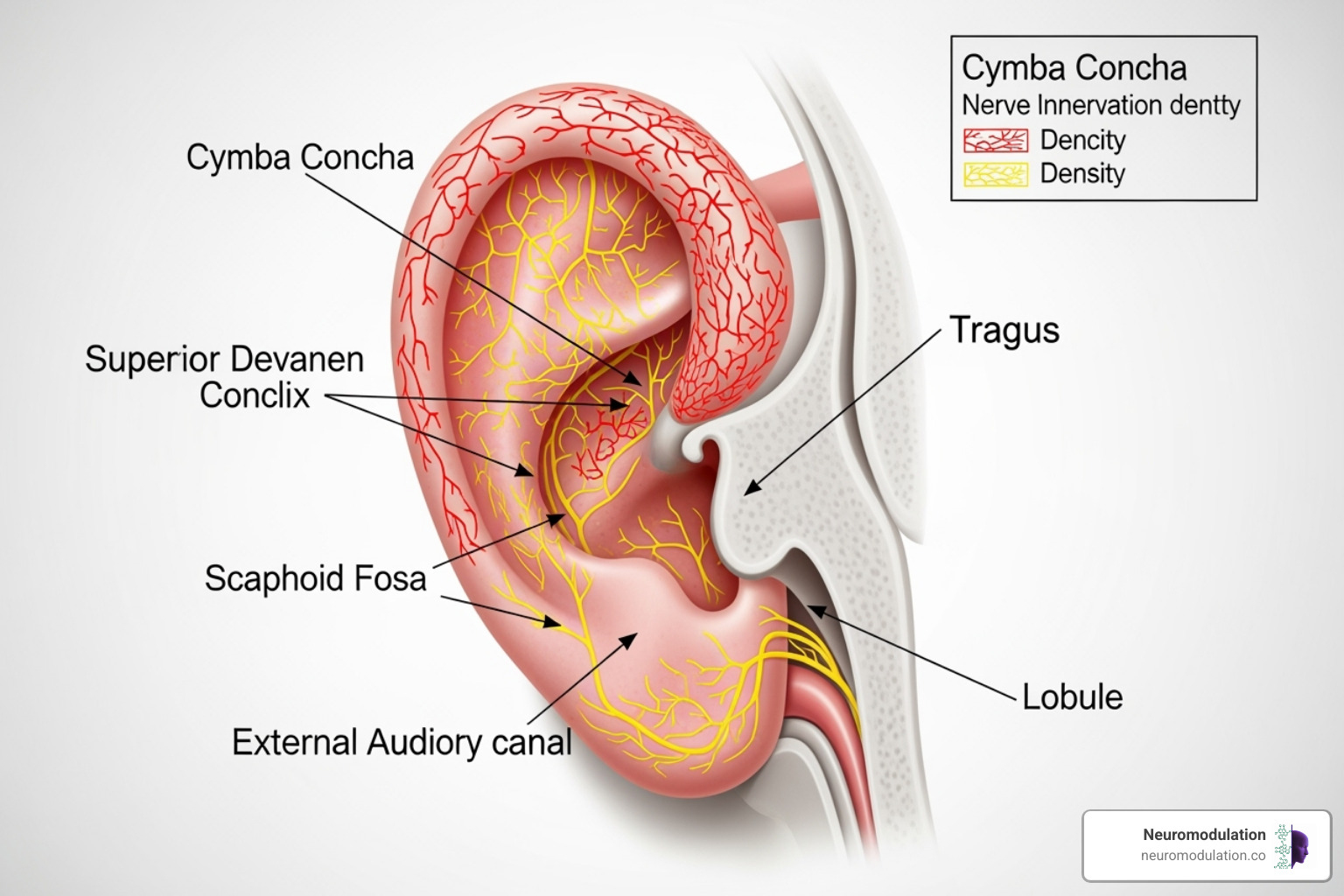 Image comparing stimulation of the cymba concha versus the tragus on an anatomical illustration of the ear, showing greater nerve density in the cymba concha area - tvns device