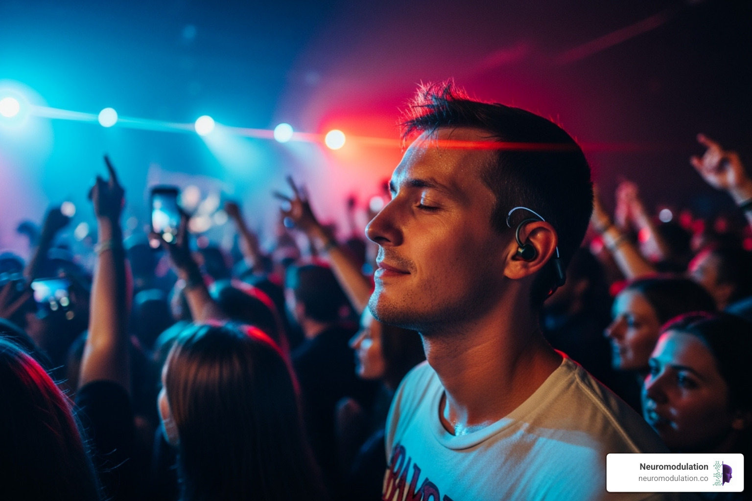 Person wearing hearing protection at a concert - Tinnitus treatment options Person wearing hearing protection at a concert - Tinnitus treatment options