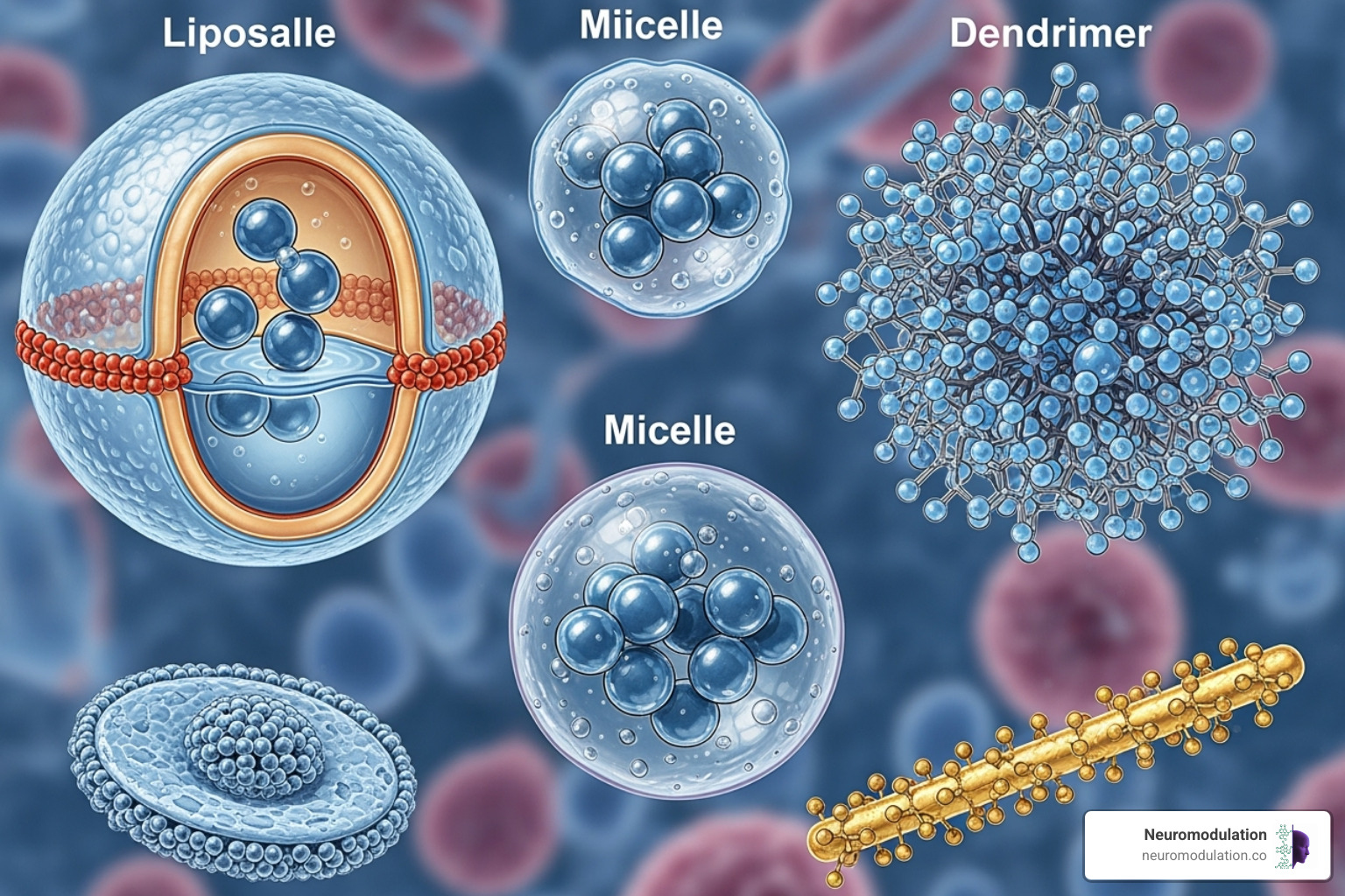 different types of nanoparticles (liposomes, micelles, dendrimers) carrying drug molecules - brain specific drug delivery system