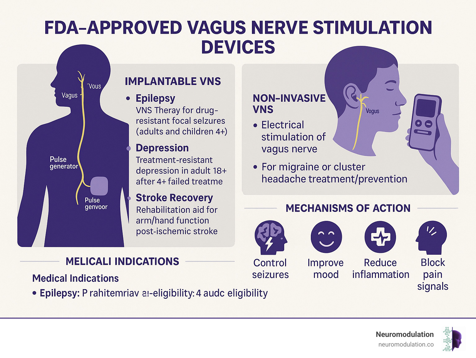 Comprehensive overview of FDA-approved vagus nerve stimulation devices showing implantable and non-invasive options with their specific medical indications, mechanisms of action, and patient eligibility criteria - fda approved vagus nerve stimulator infographic 