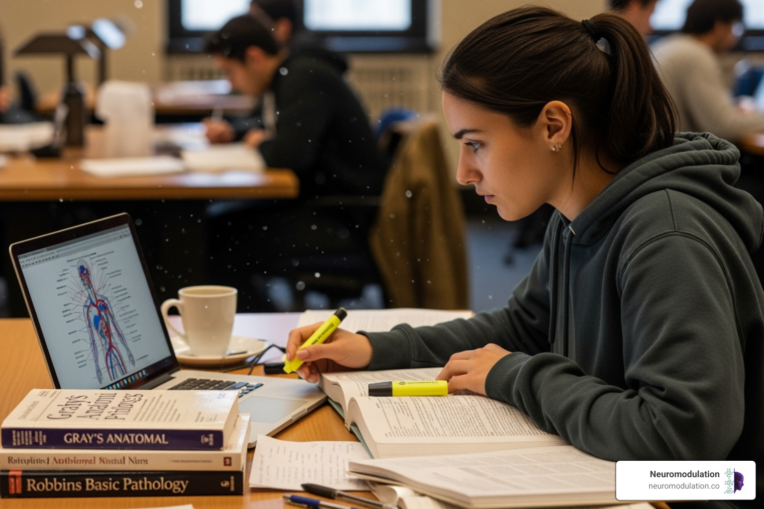 Medical student studying with a laptop and textbooks - Medical education resources Medical student studying with a laptop and textbooks - Medical education resources