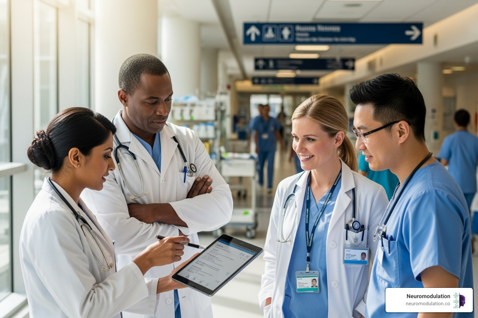 A medical team collaborating in a modern hospital setting - Online medical courses A medical team collaborating in a modern hospital setting - Online medical courses