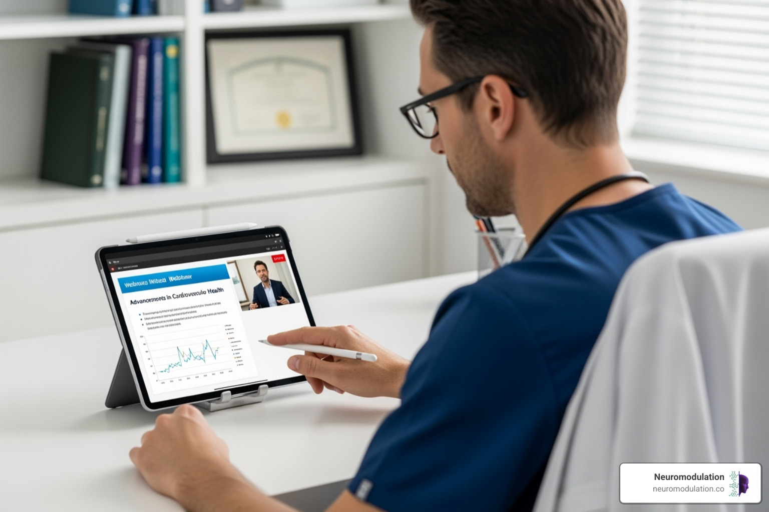 Physician participating in a live-streamed webinar on a tablet - Medical education resources Physician participating in a live-streamed webinar on a tablet - Medical education resources