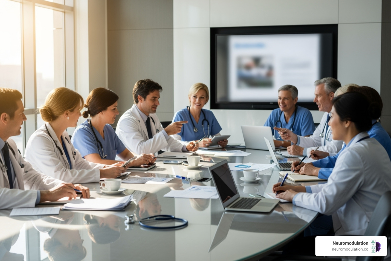Image of a diverse group of healthcare professionals in a meeting - Non-pharmacological pain management Image of a diverse group of healthcare professionals in a meeting - Non-pharmacological pain management