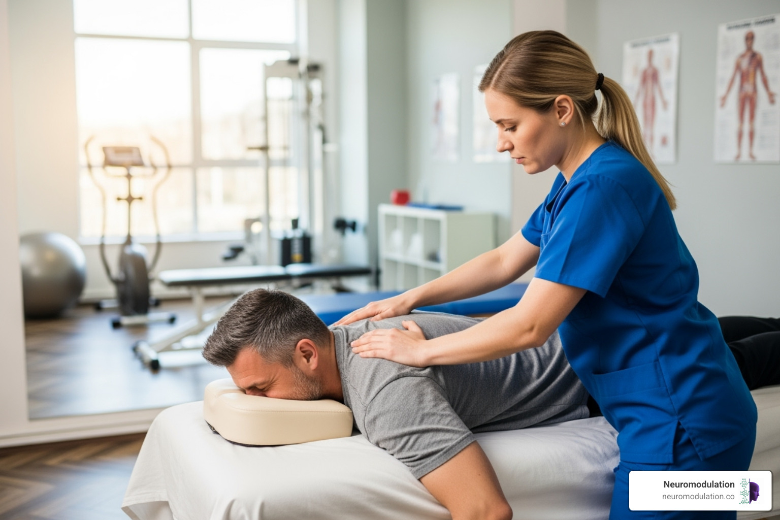 Image of a physical therapist working with a patient on a massage table - Non-pharmacological pain management Image of a physical therapist working with a patient on a massage table - Non-pharmacological pain management