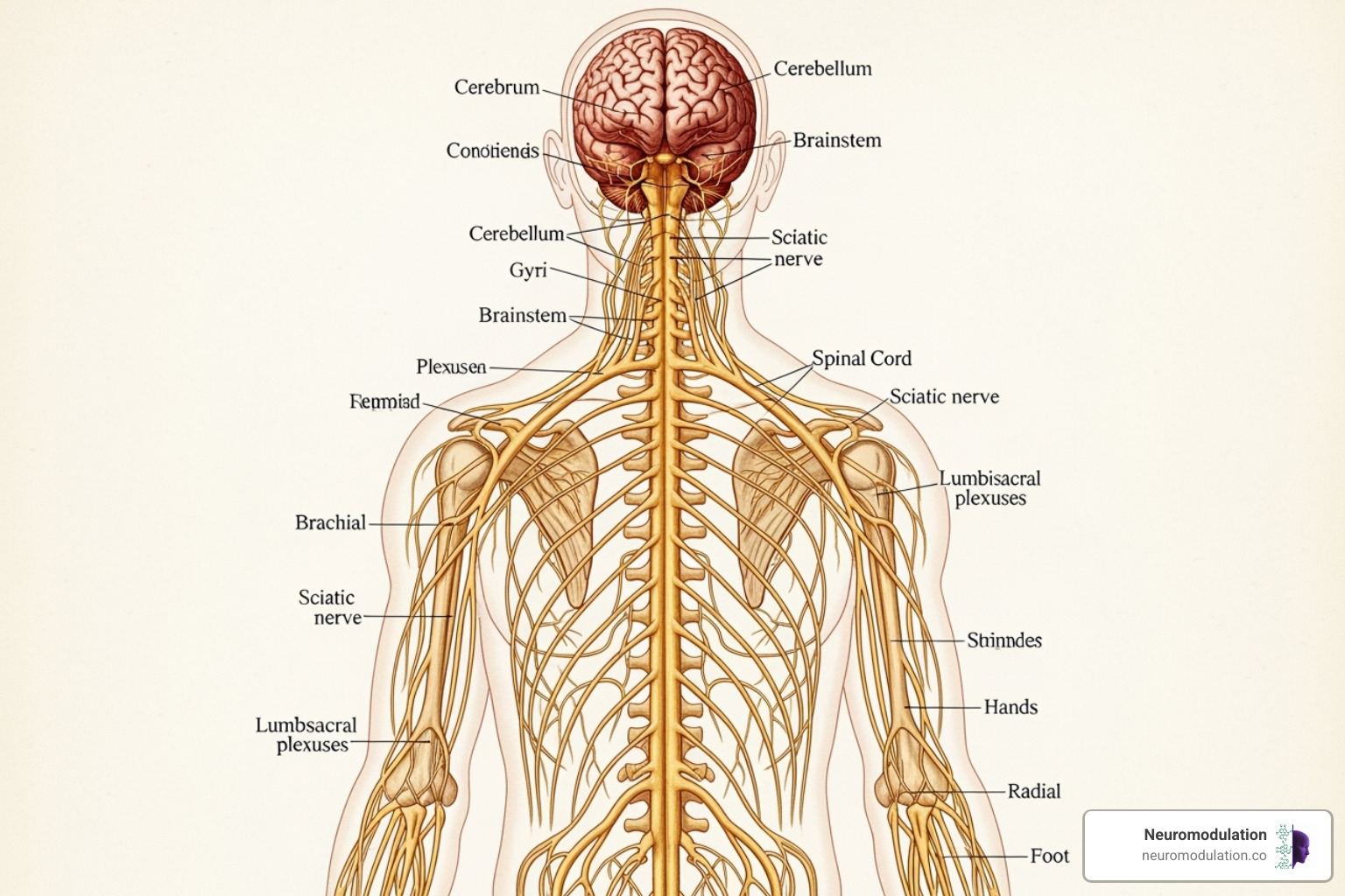 Image of the human nervous system highlighting the brain, spinal cord, and peripheral nerves - Non-pharmacological pain management Image of the human nervous system highlighting the brain, spinal cord, and peripheral nerves - Non-pharmacological pain management