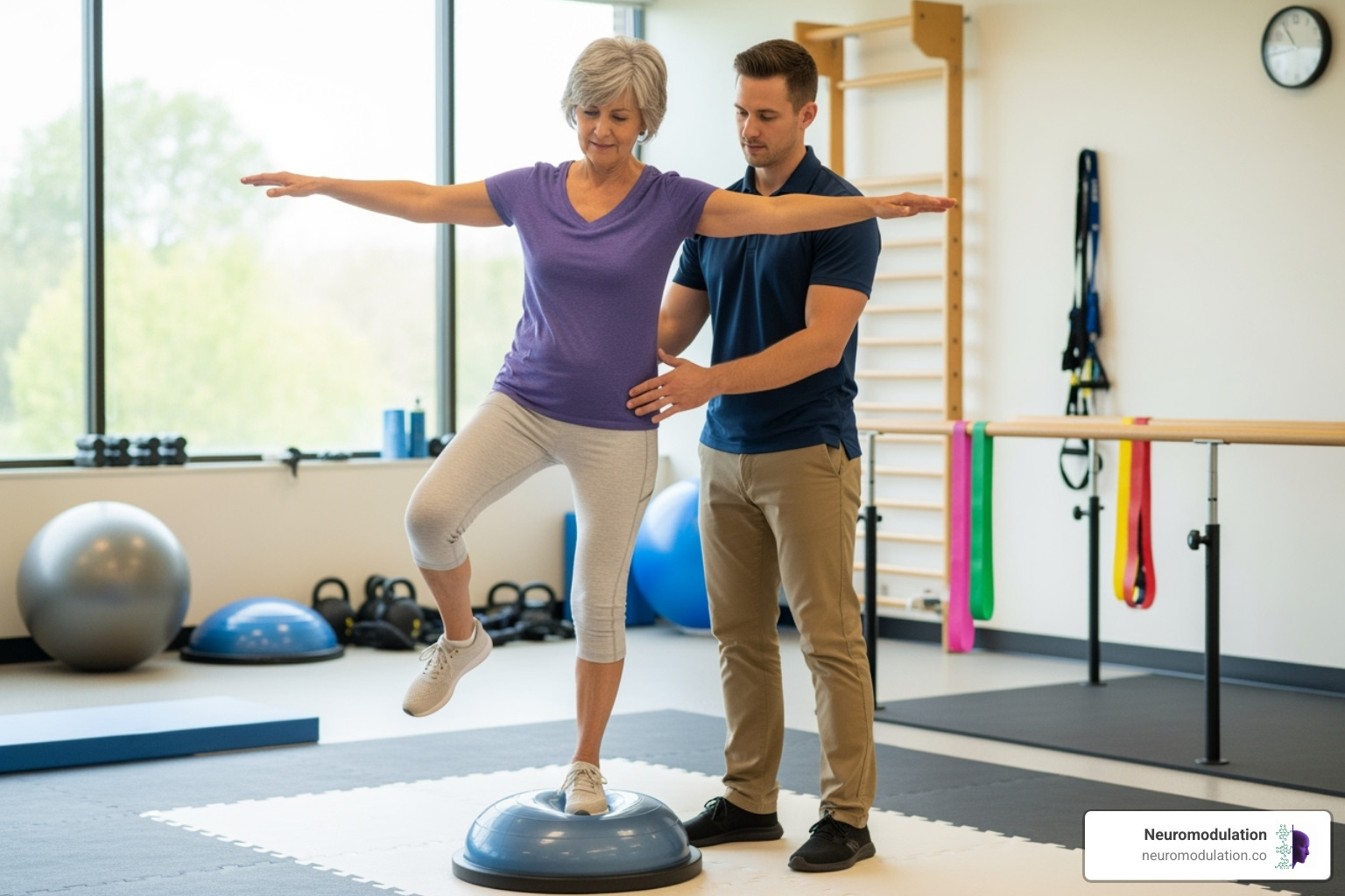 Patient working with a therapist on a balance exercise - Post-concussion syndrome Patient working with a therapist on a balance exercise - Post-concussion syndrome