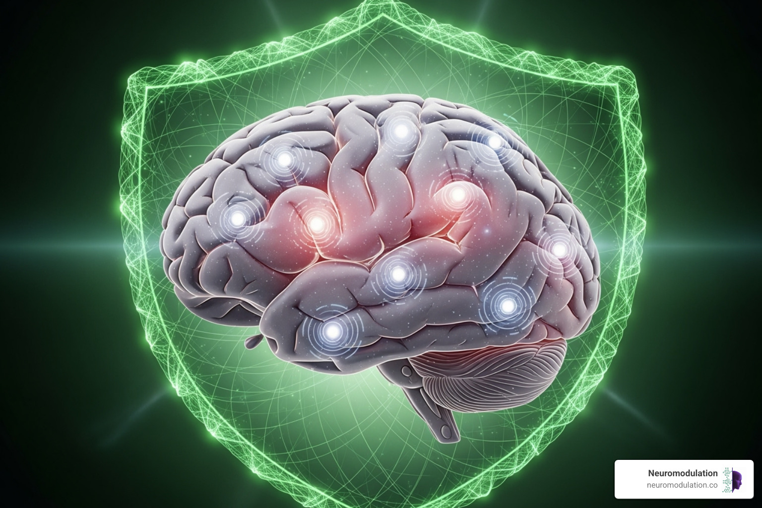 An illustration showing a brain with small, localized circles indicating areas affected by TMS, surrounded by a green shield for safety - Transcranial magnetic stimulation