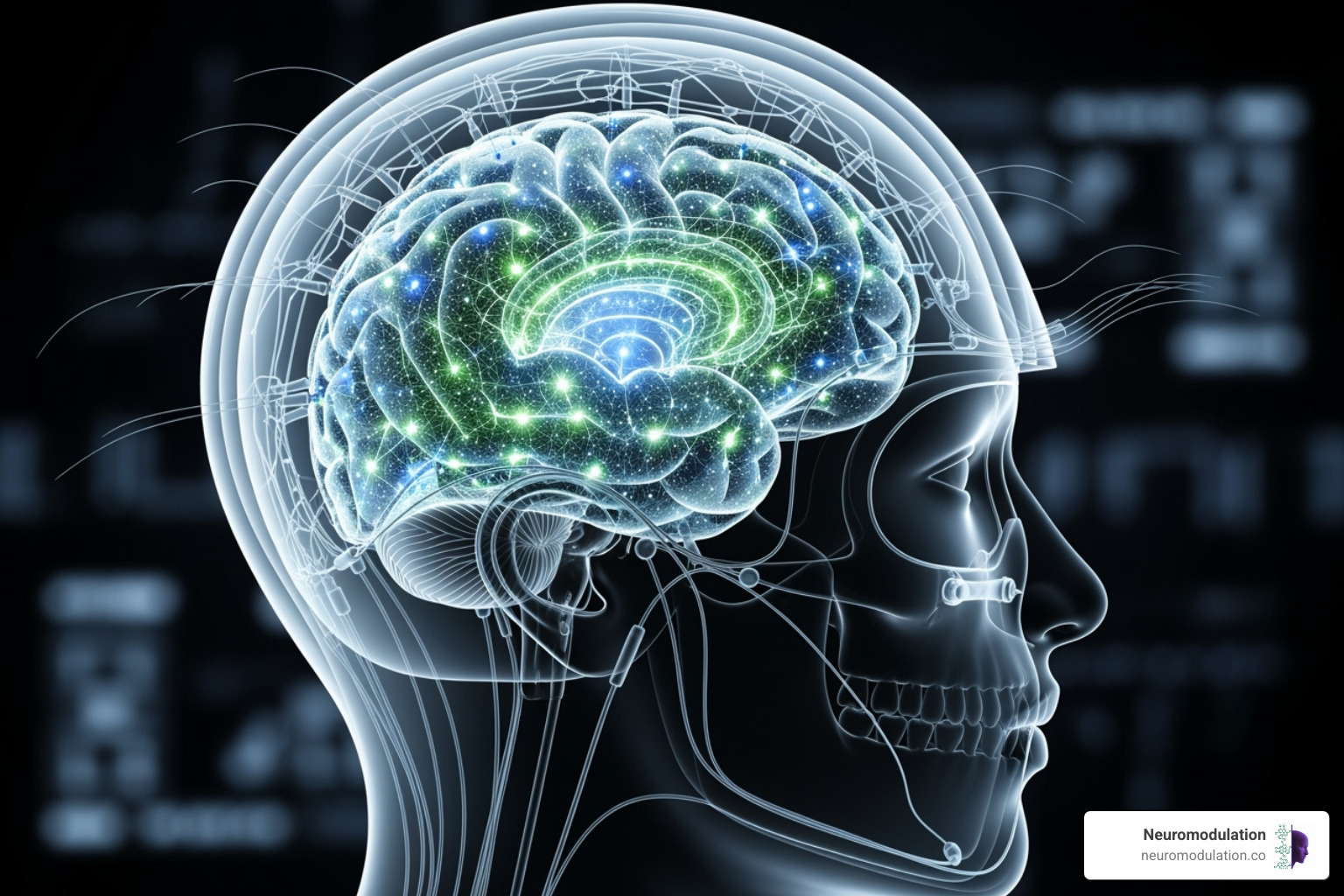 A futuristic depiction of brain stimulation technology, perhaps with glowing neural networks - Transcranial magnetic stimulation